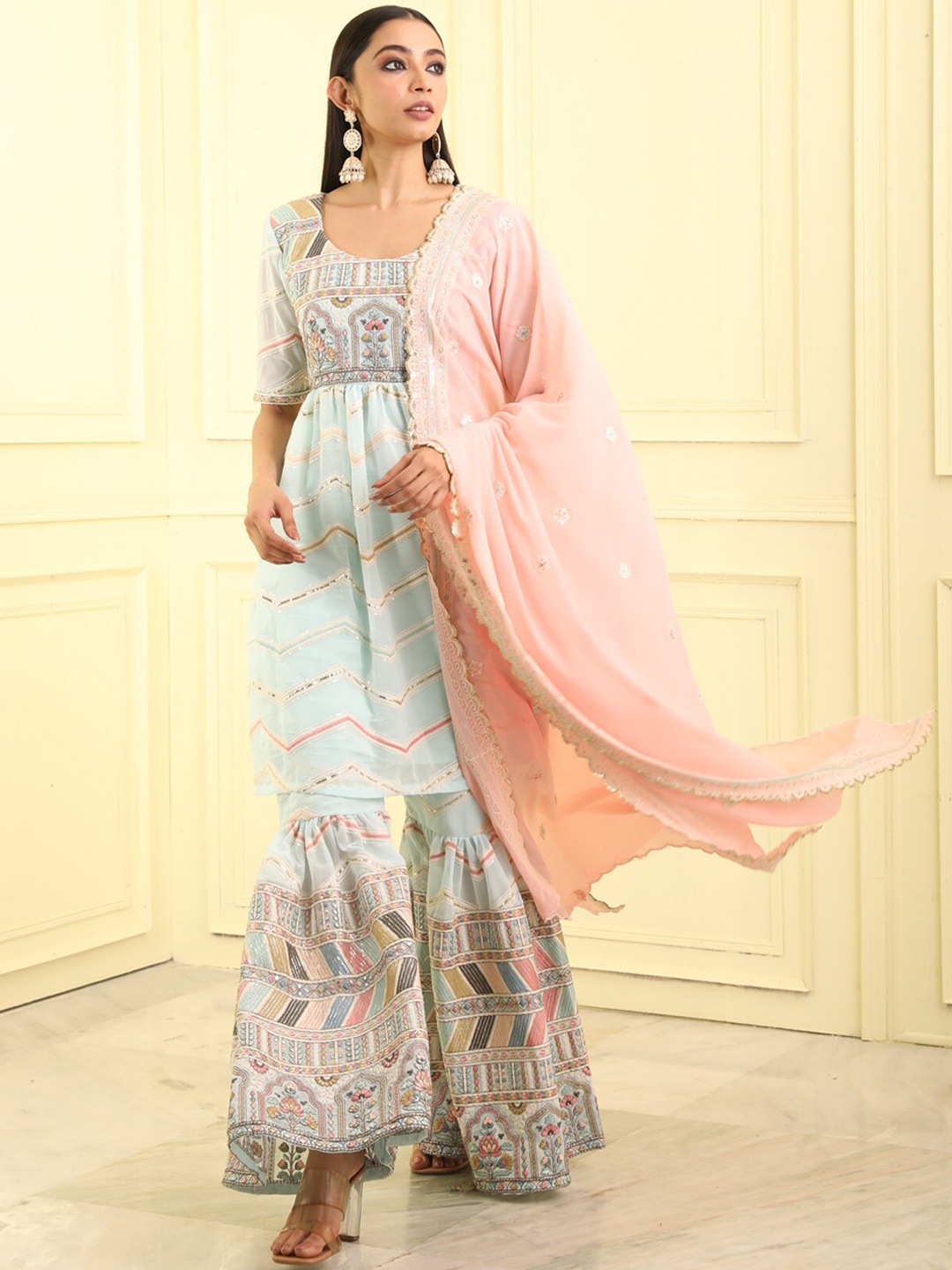 

BEATITUDE Women Embroidered Thread Work Kurti with Sharara & Dupatta, Blue