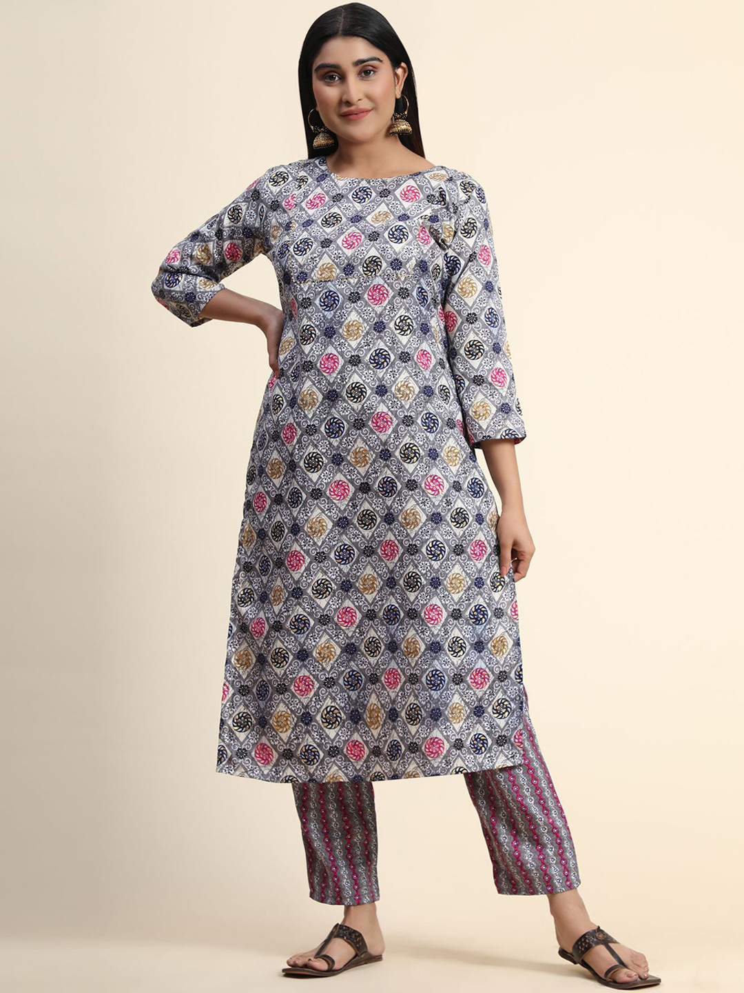 

KALINI Ethnic Motifs Printed Kurta with Trousers, Grey