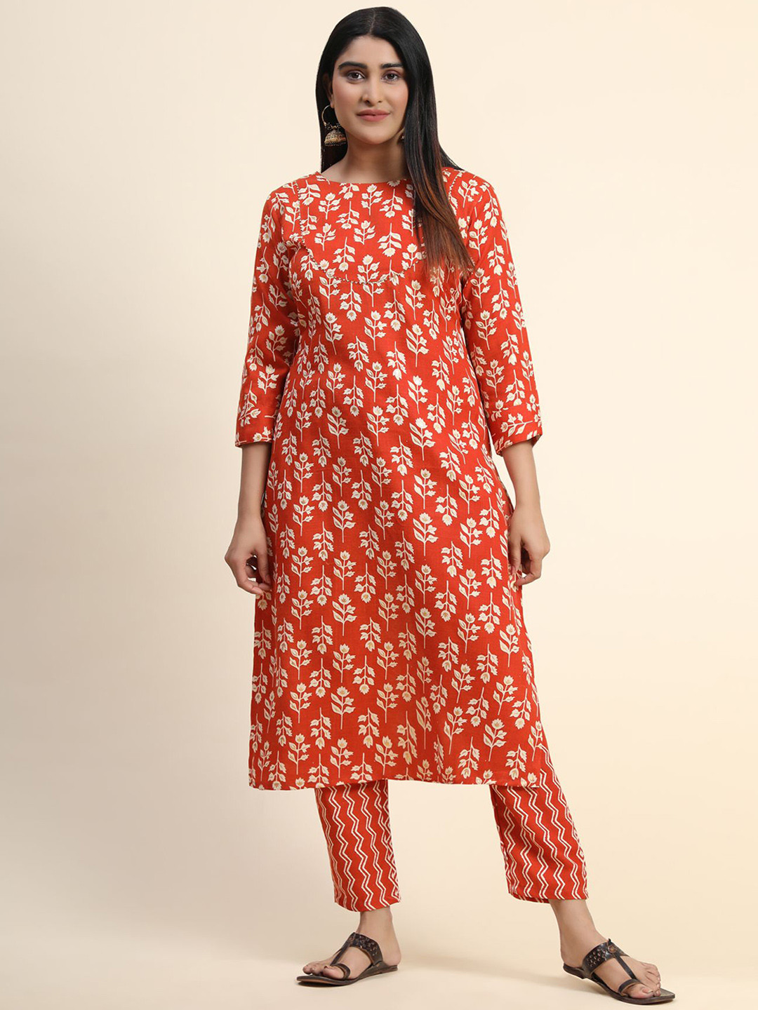 

KALINI Floral Printed Kurta with Pyjamas, Coral