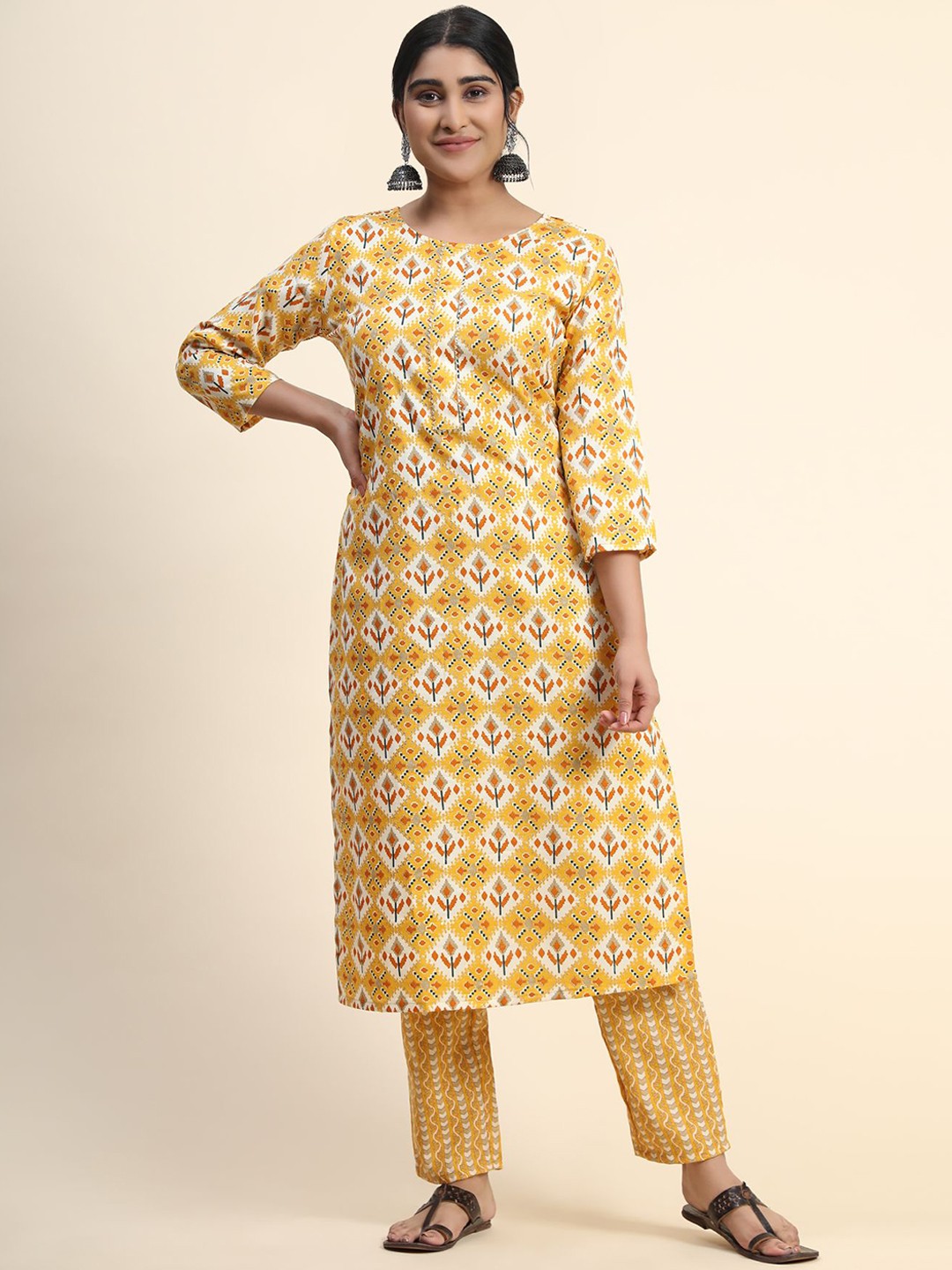 

KALINI Ethnic Motifs Printed Kurti with Palazzos, Yellow