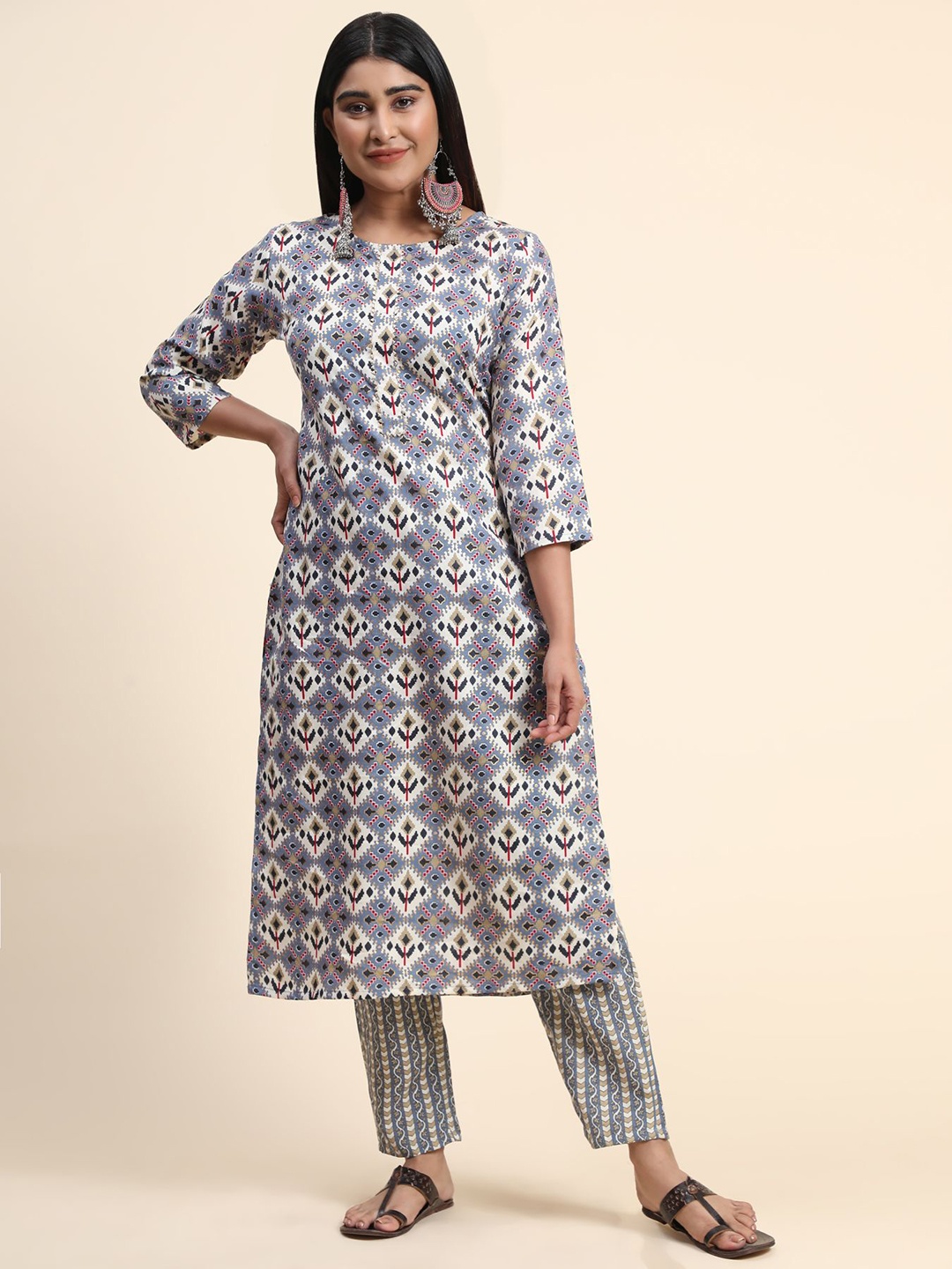 

KALINI Ethnic Motifs Printed Kurta with Trousers, Grey