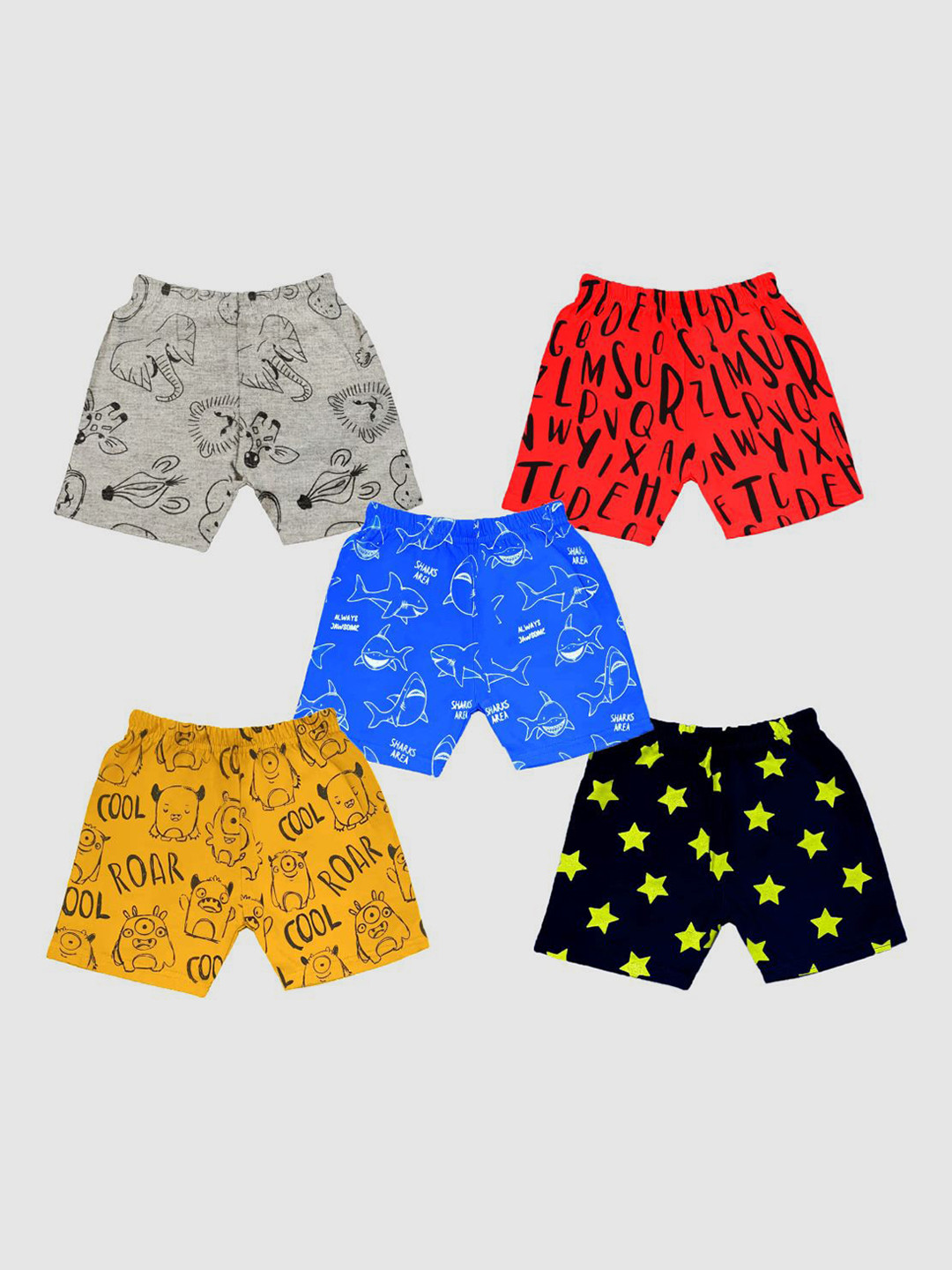 

KUCHIPOO Kids Pack of 5 Printed Shorts, Grey