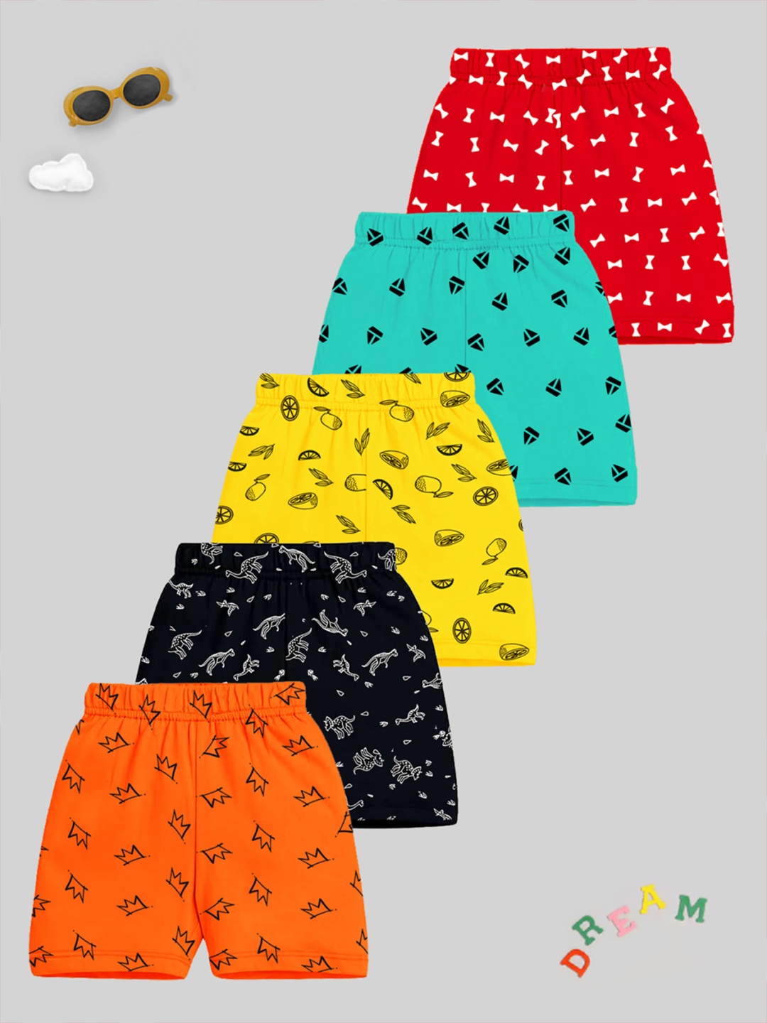 

KUCHIPOO Kids Pack of 5 Printed Shorts, Red