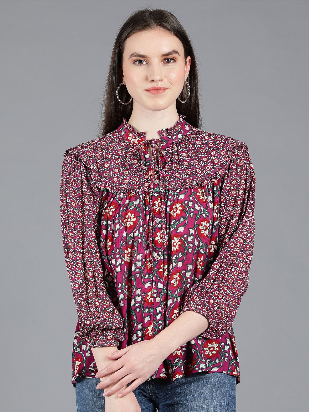 

Amagyaa Floral Printed Tie-Up Neck Shirt Style Top, Purple