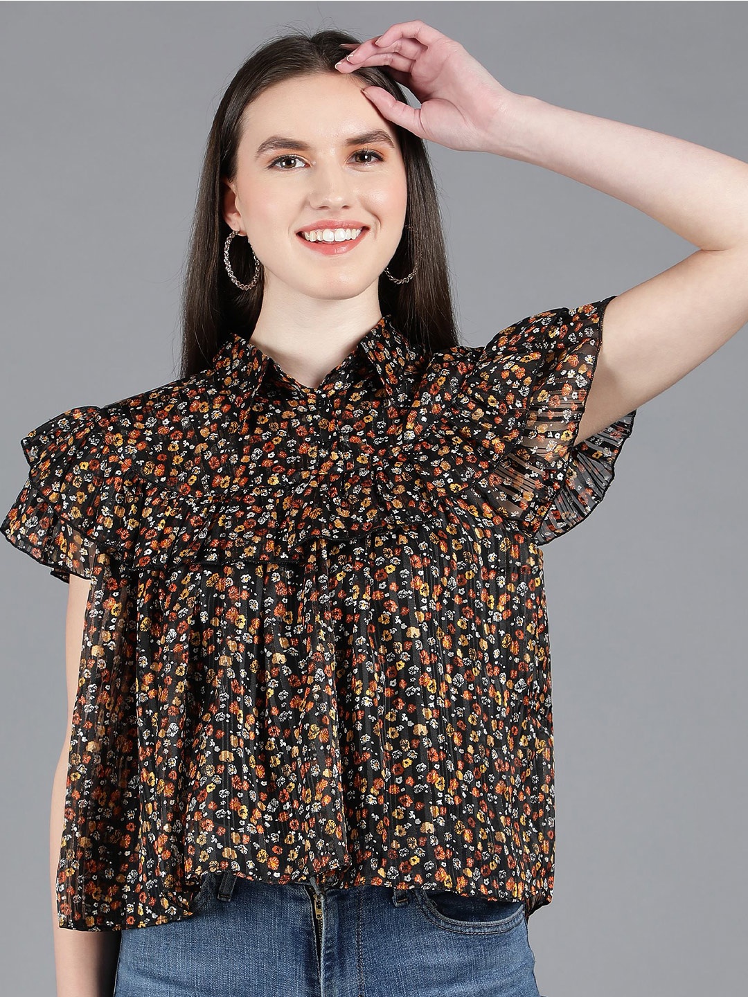 

Amagyaa Floral Print Ruffles Georgette Top, Black