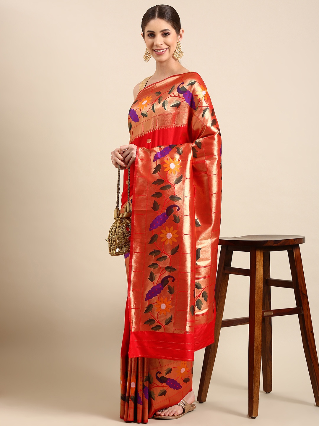 

Mitera Woven Design Zari Silk Blend Paithani Saree, Red
