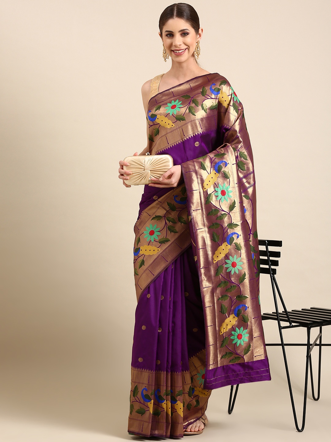 

Mitera Woven Design Zari Silk Blend Paithani Saree, Purple