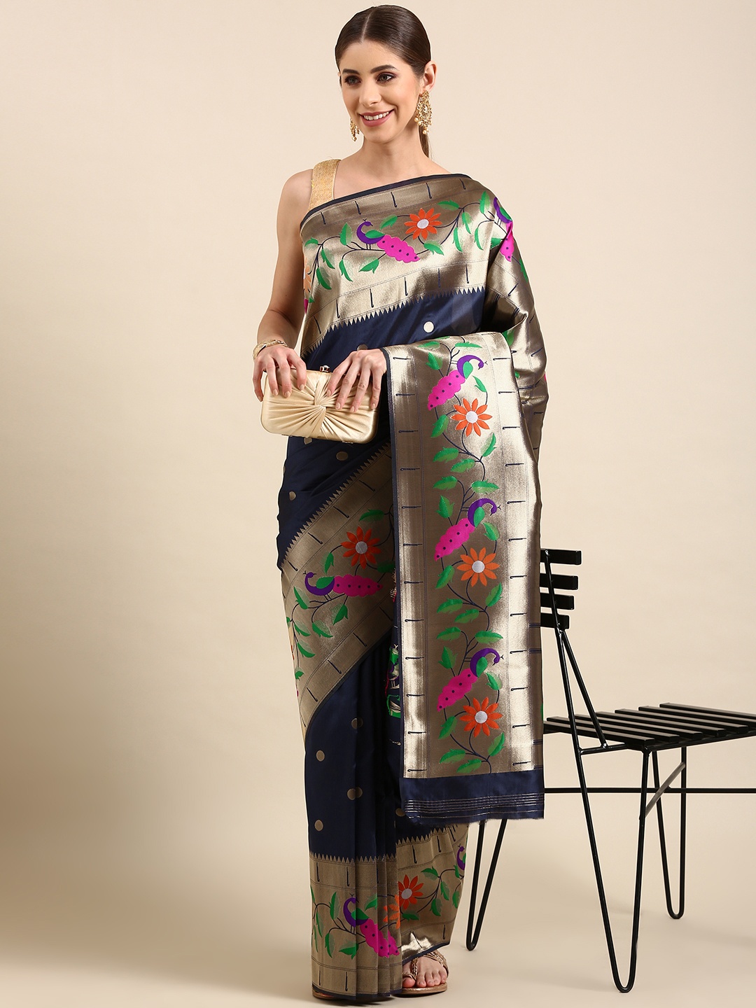 

Mitera Woven Design Zari Silk Blend Paithani Saree, Navy blue