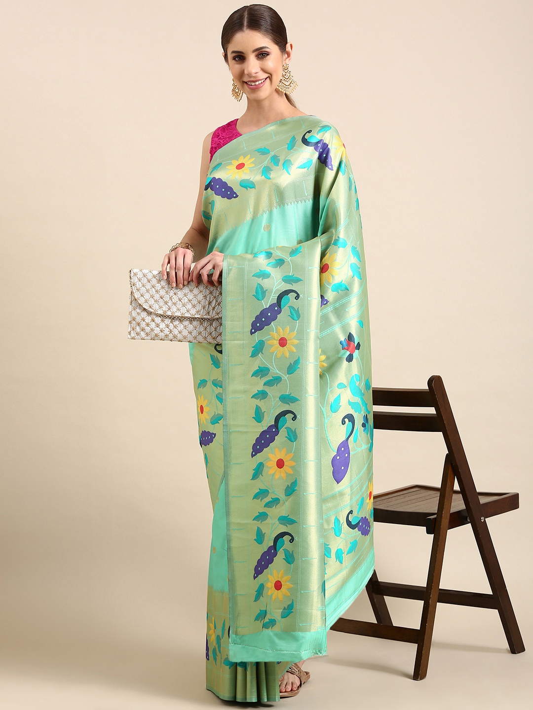 

Mitera Floral Zari Silk Blend Paithani Saree, Blue