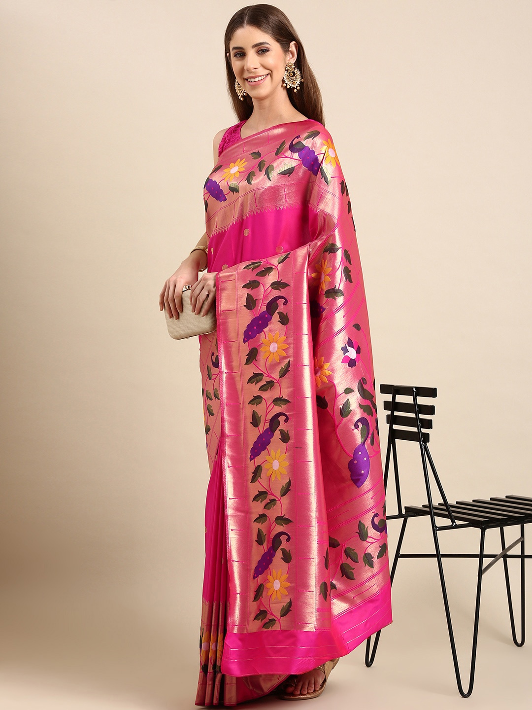 

Mitera Woven Design Zari Silk Blend Paithani Saree, Pink