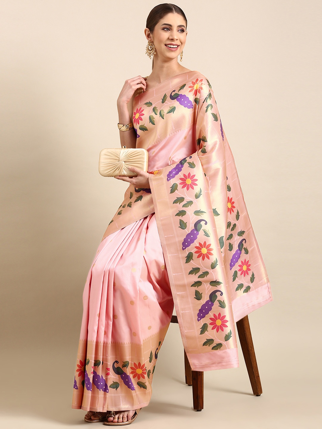 

Mitera Woven Design Zari Silk Blend Paithani Saree, Pink