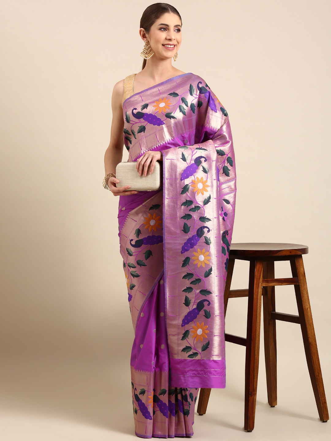 

Mitera Floral Zari Silk Blend Paithani Saree, Lavender