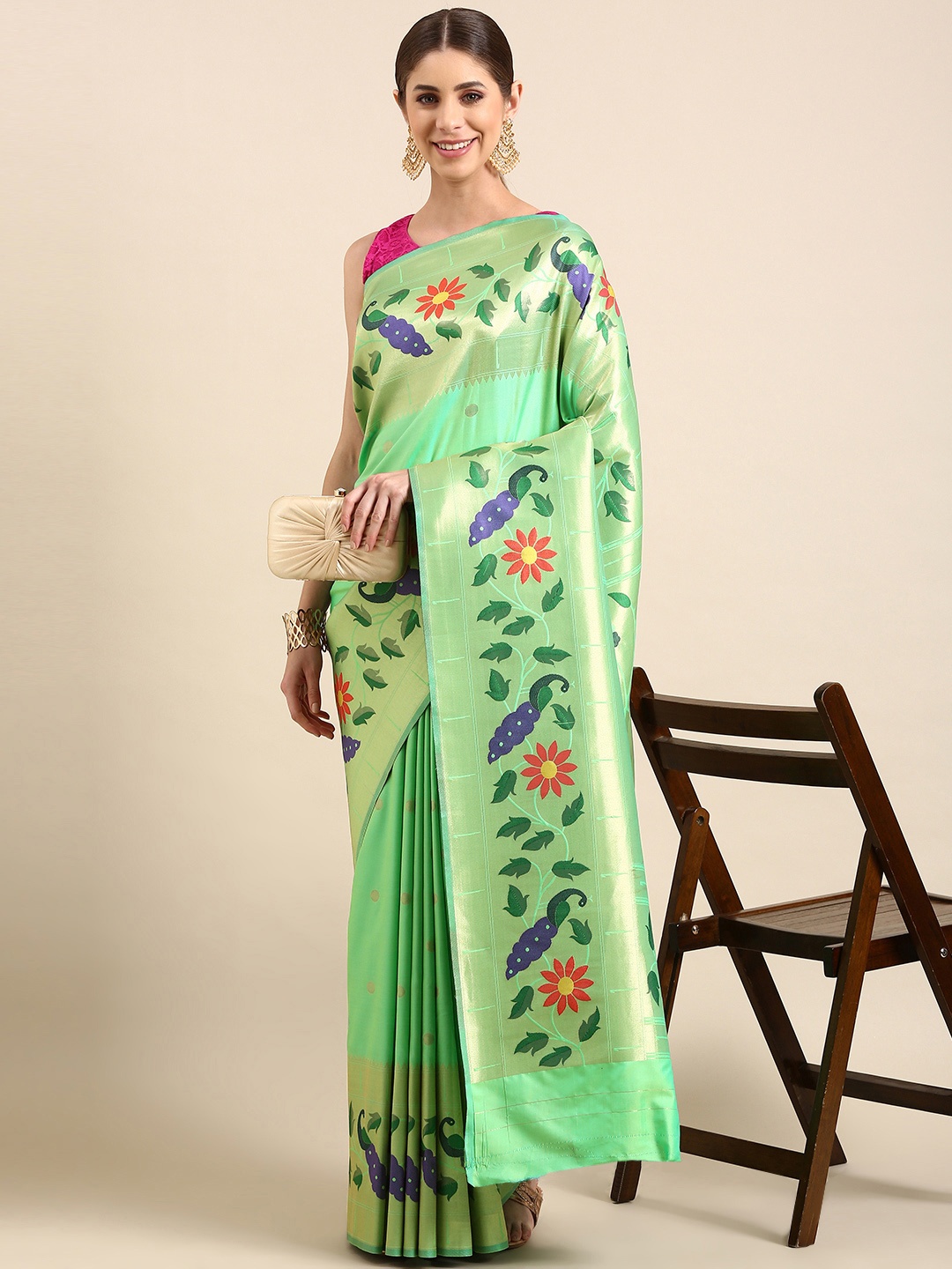 

Mitera Floral Zari Silk Blend Paithani Saree, Sea green