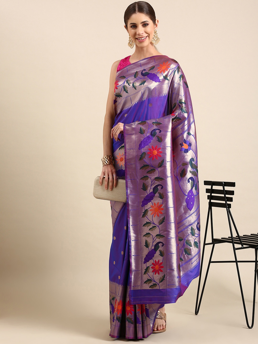 

Mitera Woven Design Zari Silk Blend Paithani Saree, Purple