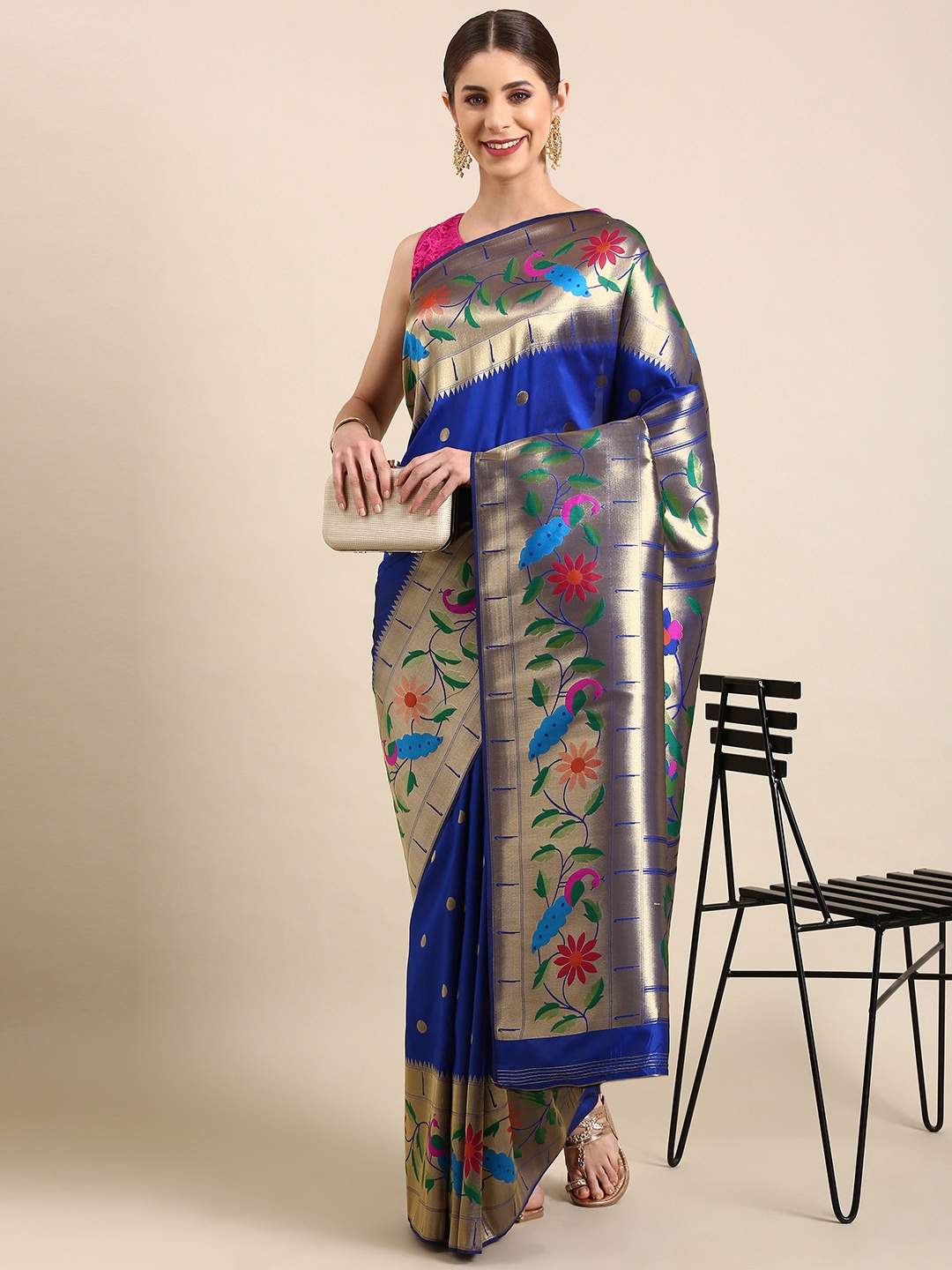 

Mitera Floral Zari Silk Blend Paithani Saree, Blue