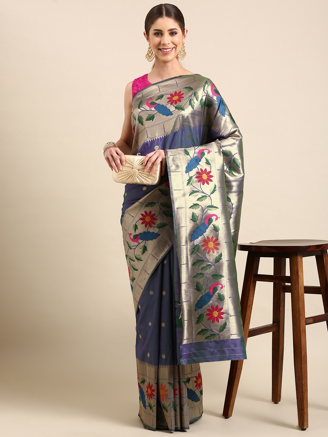 

Mitera Floral Zari Silk Blend Paithani Saree, Navy blue