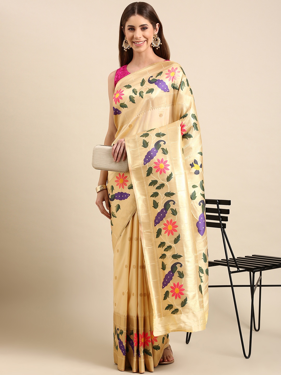 

Mitera Woven Design Zari Silk Blend Paithani Saree, White