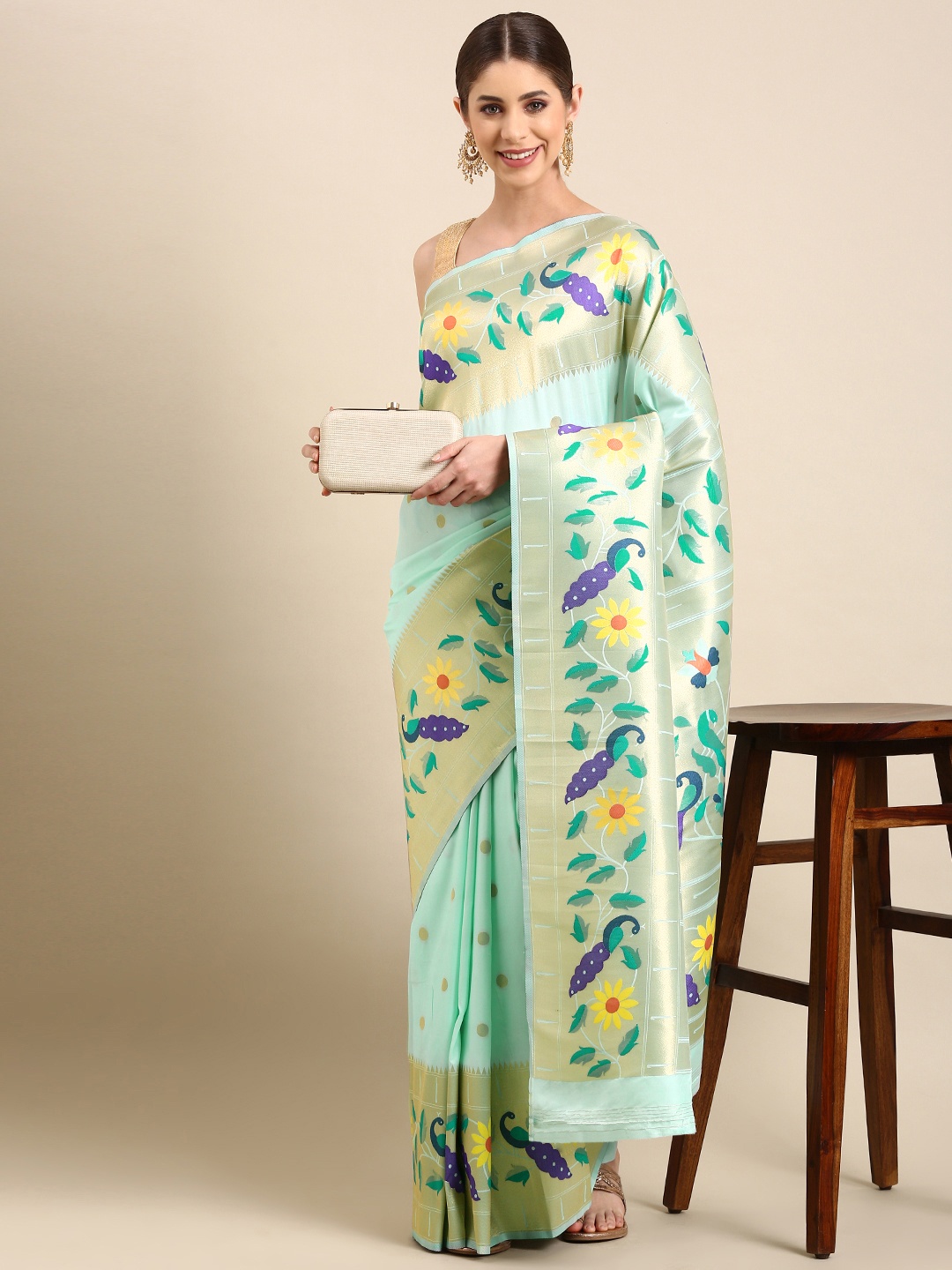

Mitera Woven Design Zari Silk Blend Paithani Saree, Blue