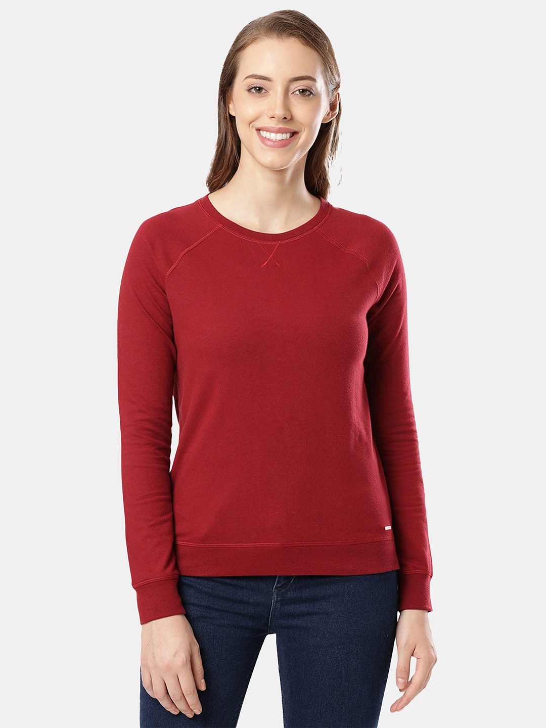 

Jockey Super Combed Cotton Solid Full Sleeve Sweatshirt with Raglan Sleeve Styling -AW67, Red