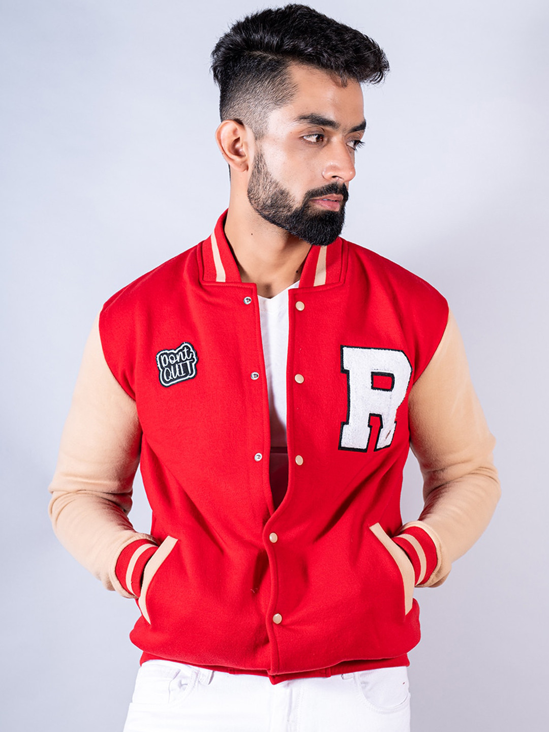 

Tistabene Men Typography Lightweight Cotton Varsity Jacket with Patchwork, Red