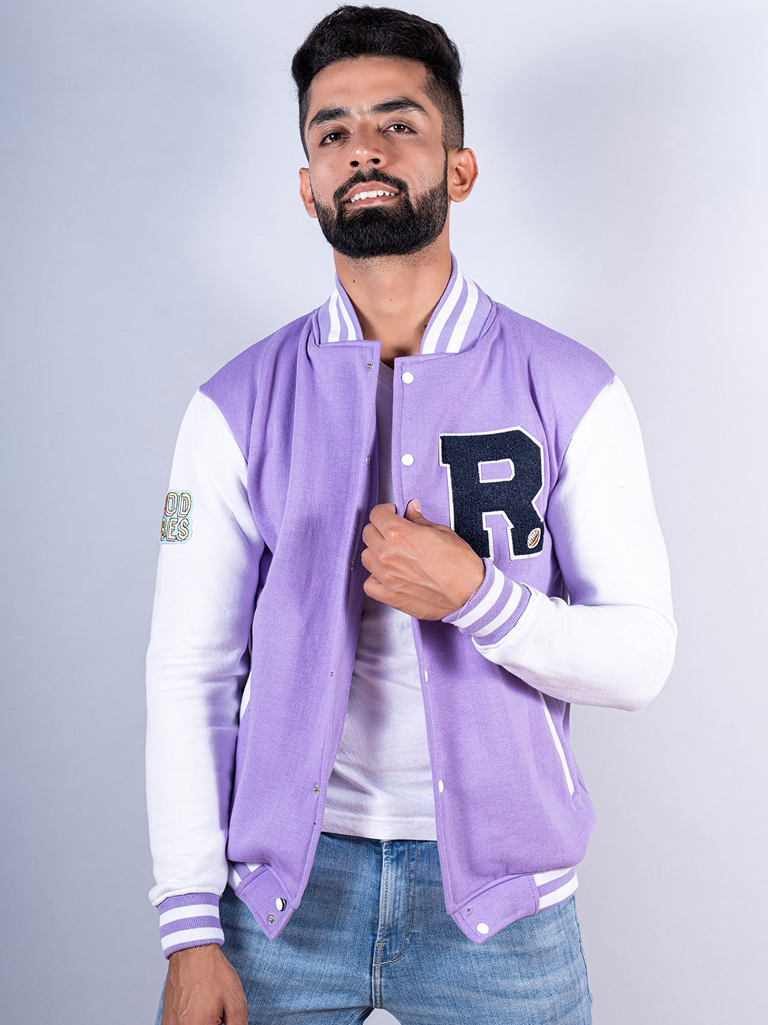 

Tistabene Men Colourblocked Lightweight Cotton Varsity Jacket with Patchwork, Lavender