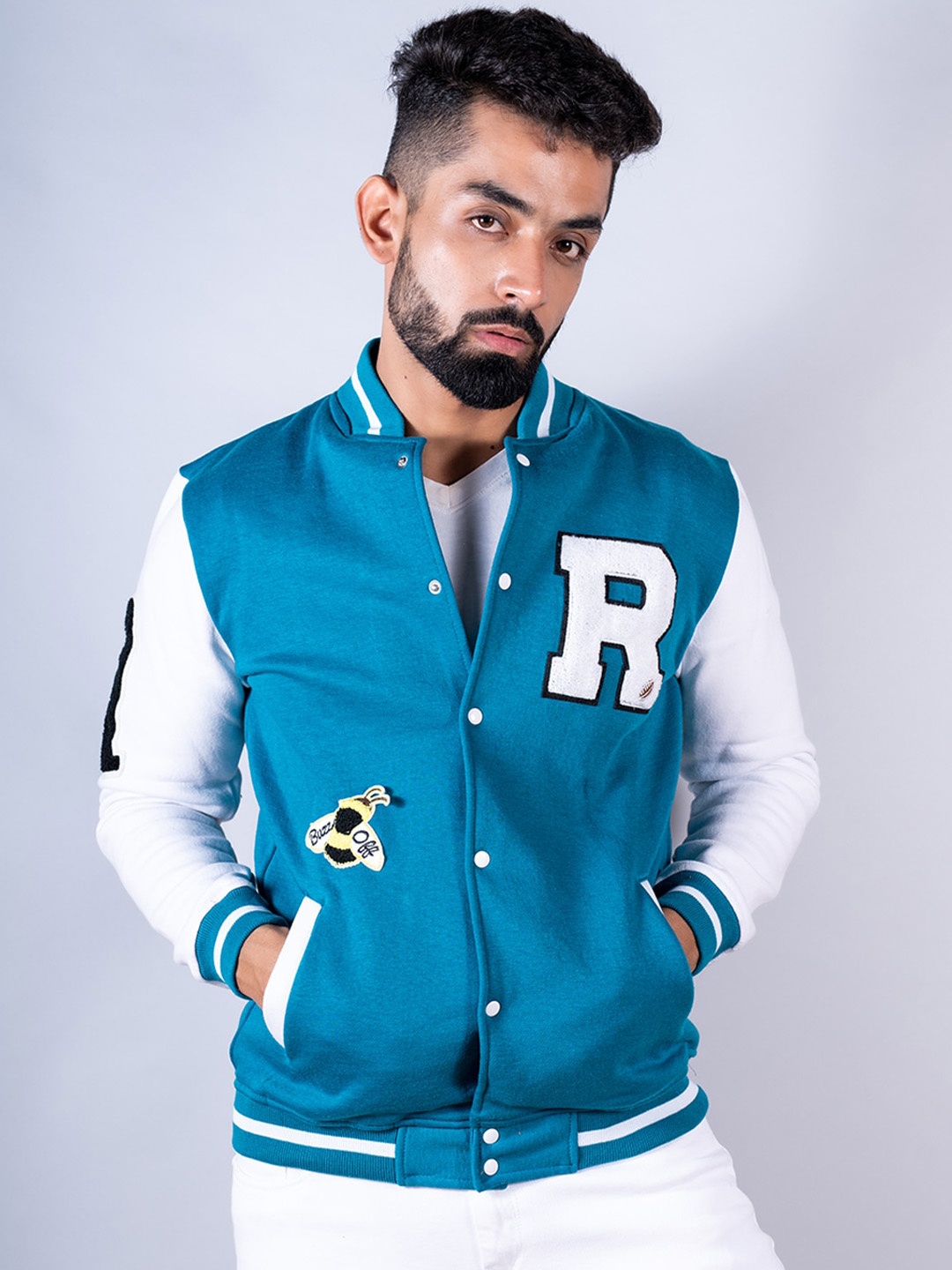 

Tistabene Men Colourblocked Lightweight Cotton Varsity Jacket with Patchwork, Blue