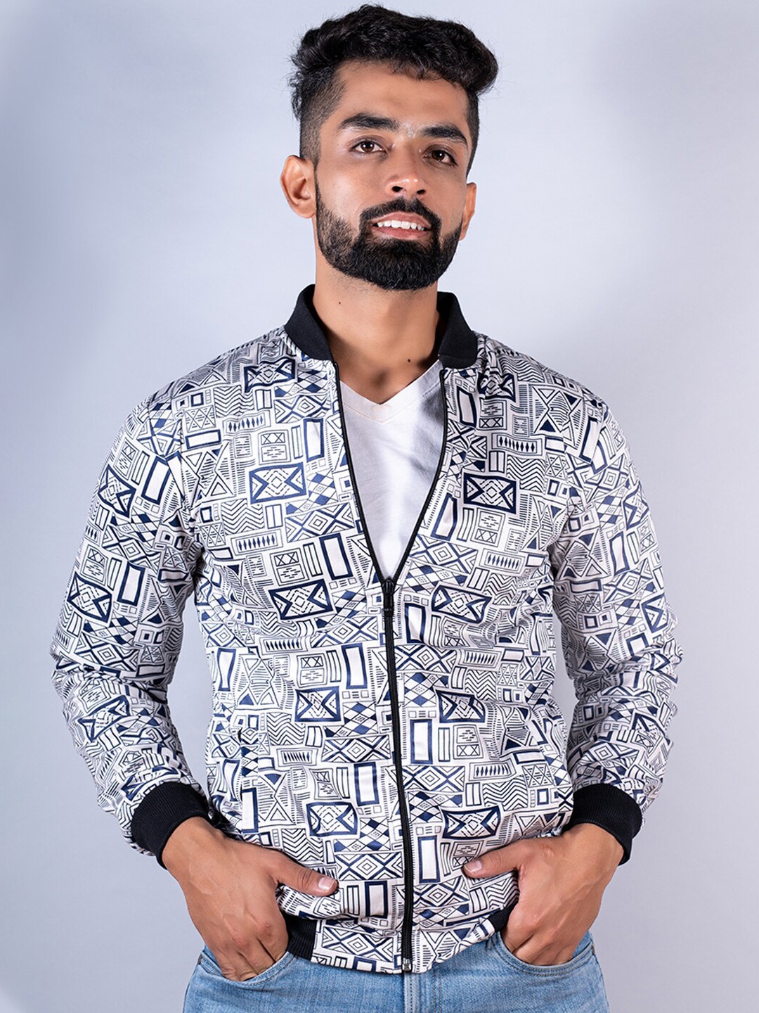 

Tistabene Men Geometric Cotton Lightweight Bomber Jacket, Grey