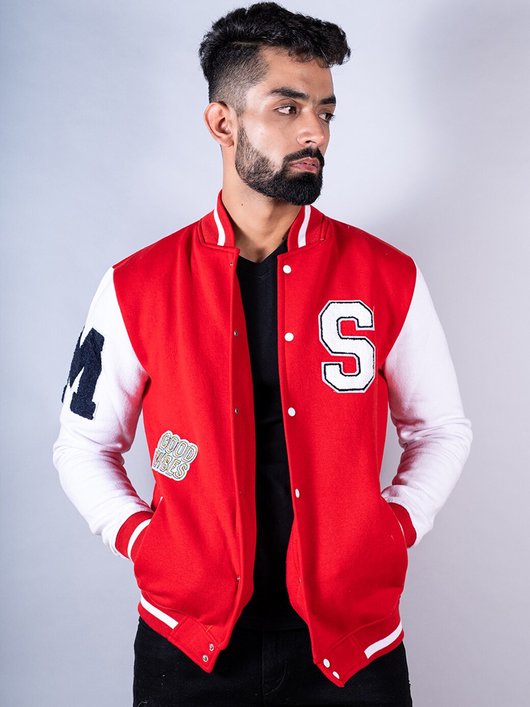 

Tistabene Men Red Lightweight Crop Bomber with Patchwork Jacket