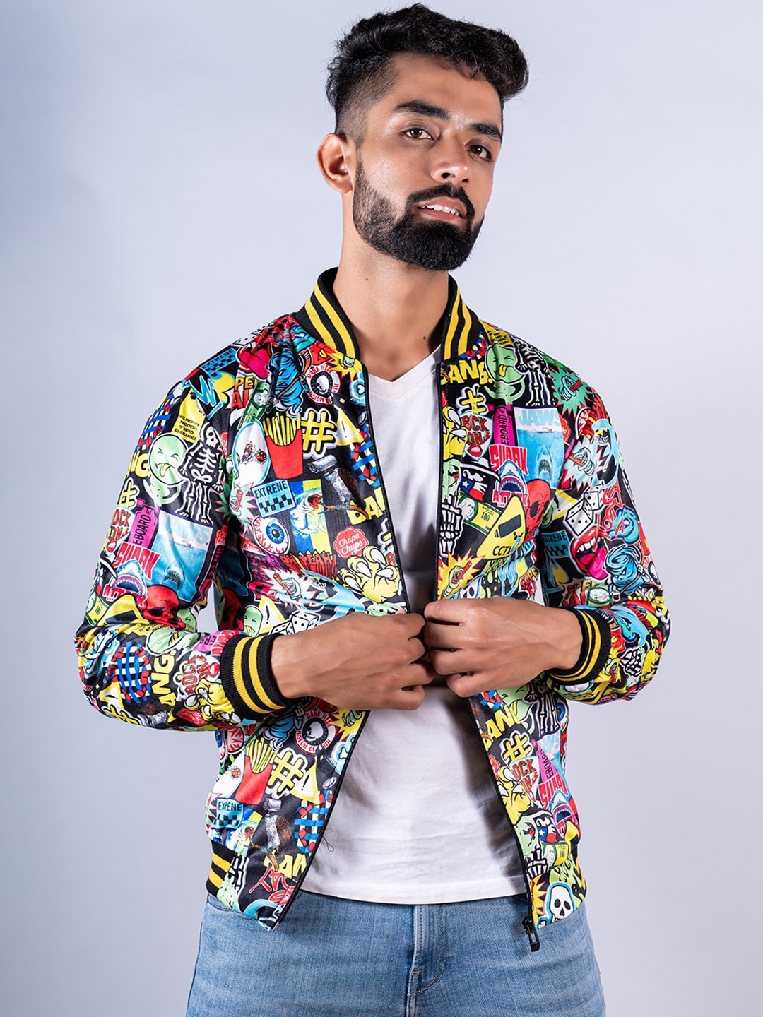

Tistabene Men Graphic Lightweight Cotton Bomber Jacket, Black