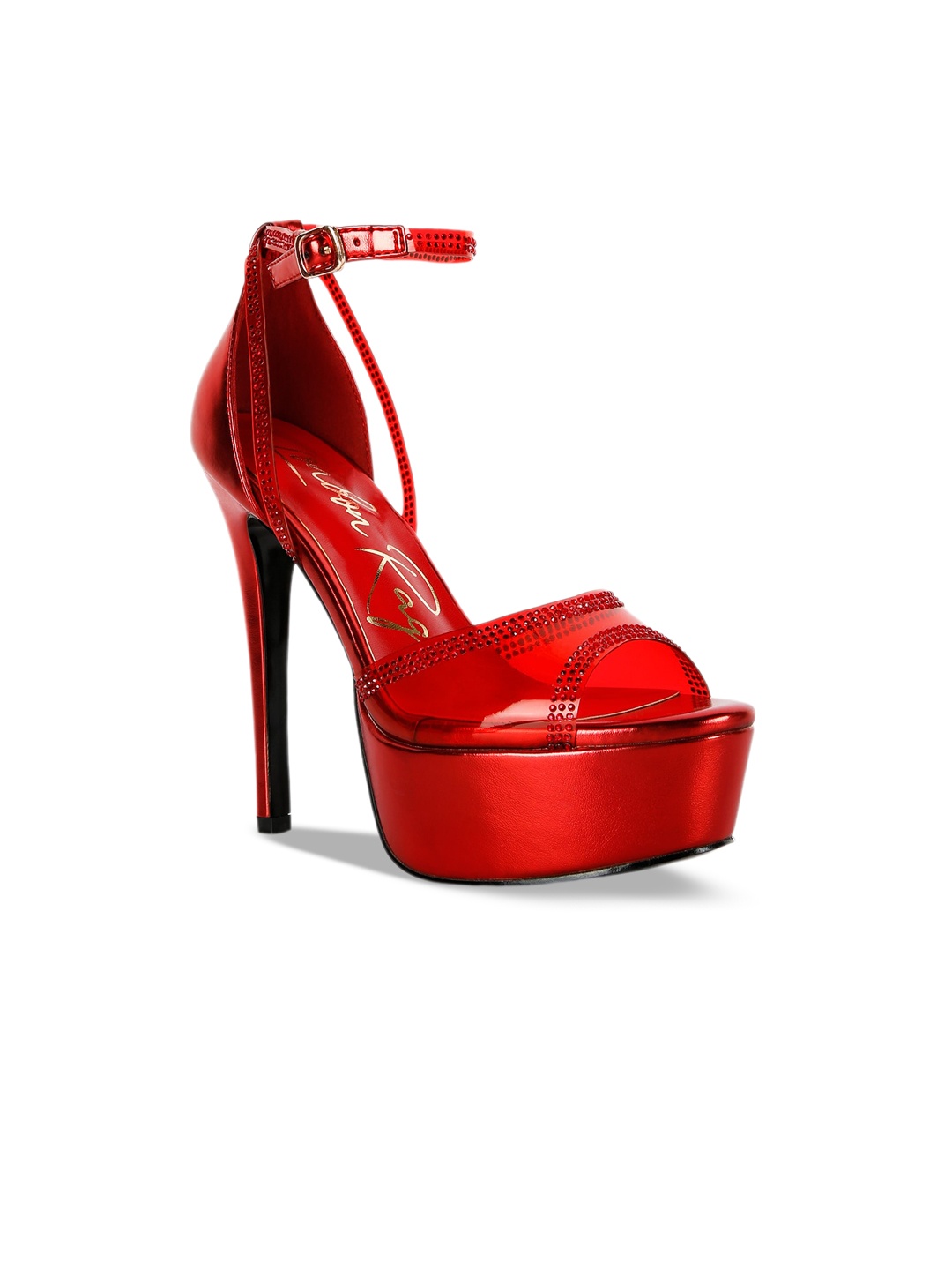 

London Rag Embellished Stiletto Peep Toes Heels, Red