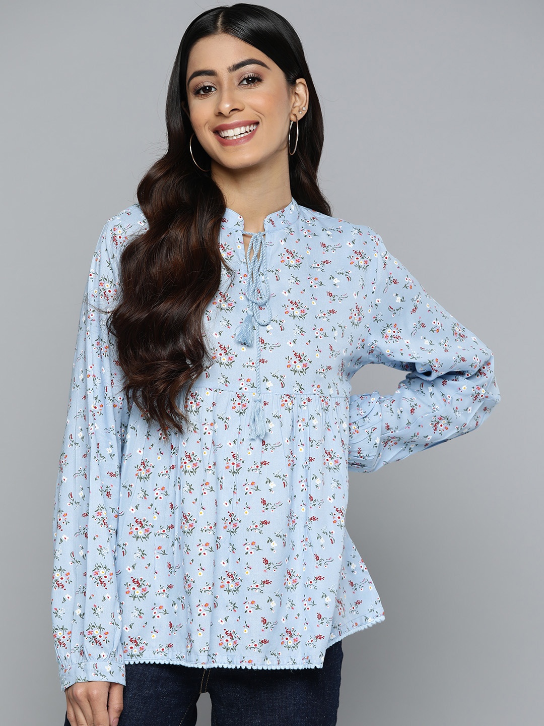 

HERE&NOW Floral Print Tie-Up Neck Top, Turquoise blue