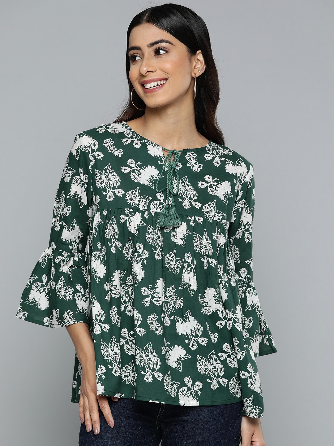 

HERE&NOW Floral Print Tie-Up Neck Top, Green