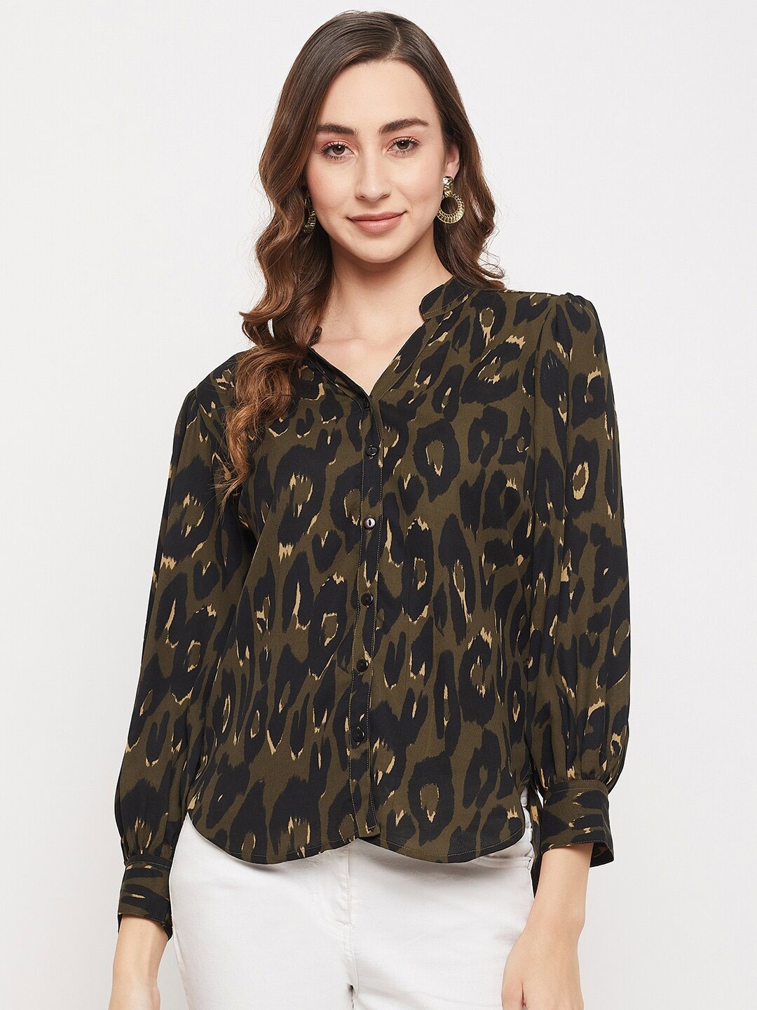 

Ruhaans Women Classic Printed Casual Shirt, Green