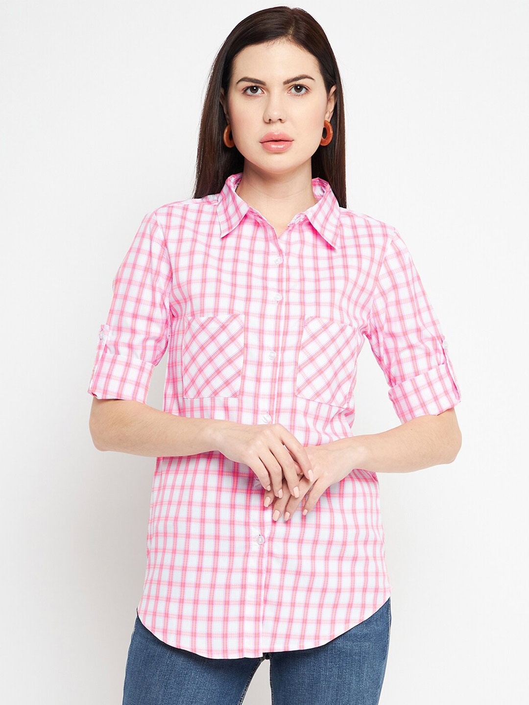 

Ruhaans Women Classic Grid Tattersall Checks Checked Cotton Casual Shirt, Pink