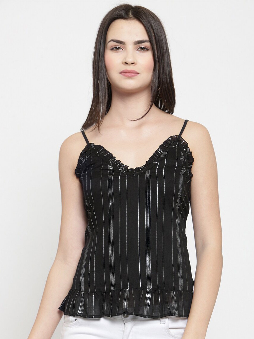 

Purple State Shoulder Strap Striped Top, Black
