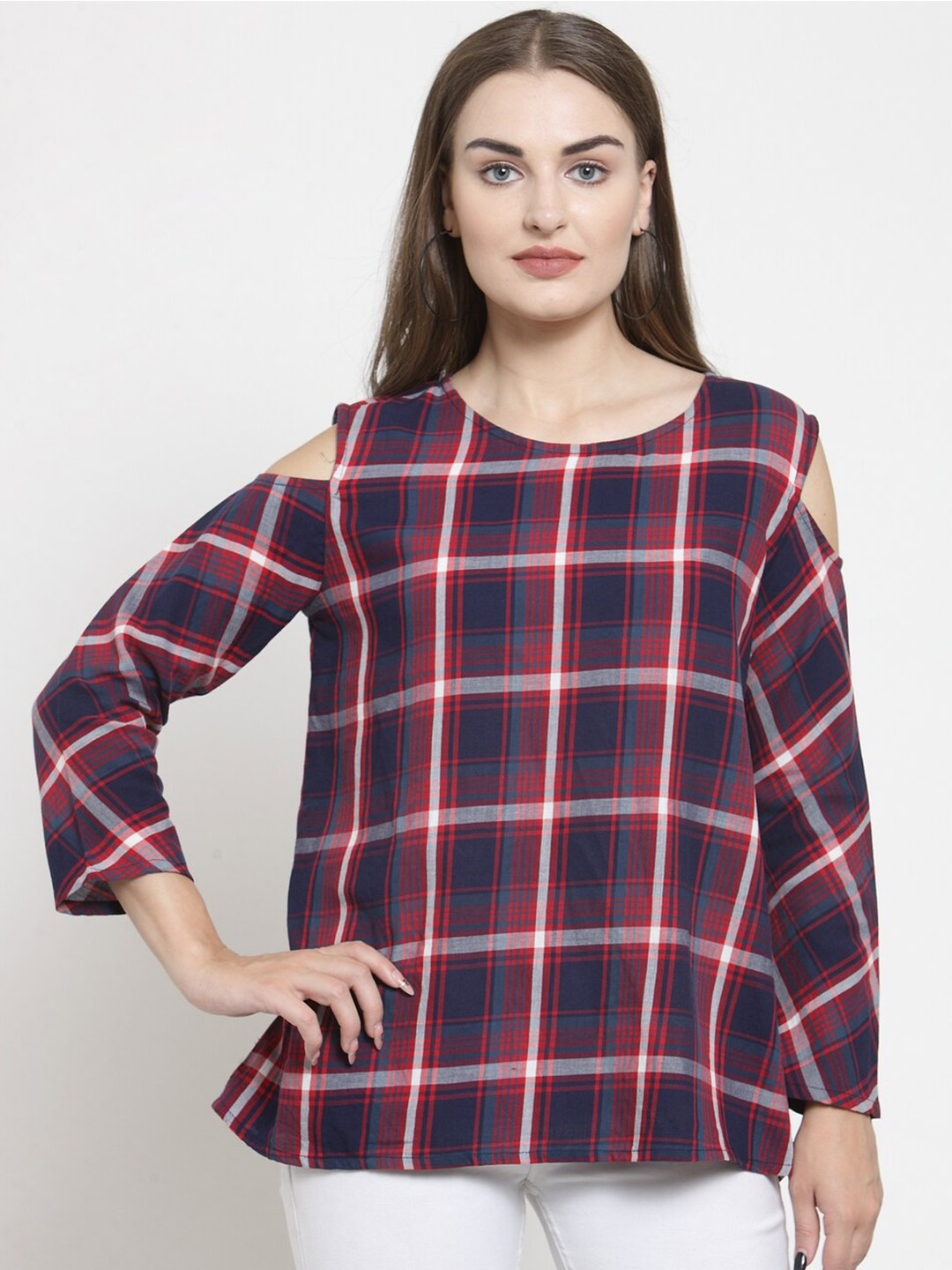 

Purple State Checked Cold-Shoulder Regular Top, Maroon