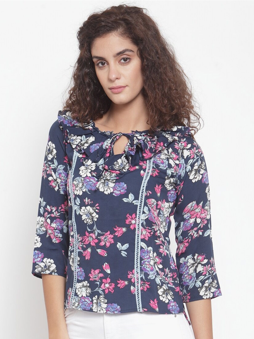 

Purple State Floral Printed Tie-Up Neck Ruffles Top, Blue