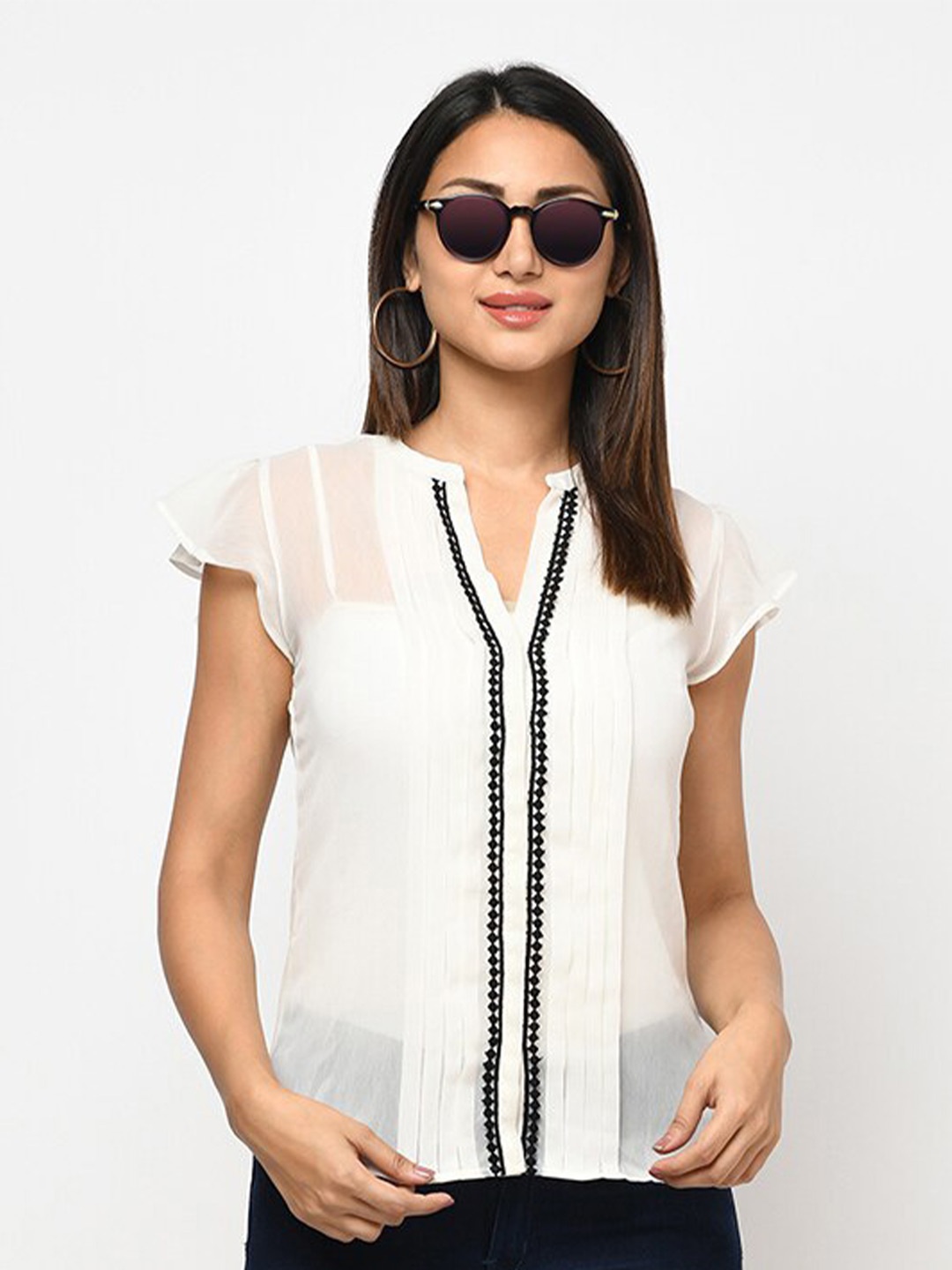 

Purple State Mandarin Collar Flutter Sleeves Top, White