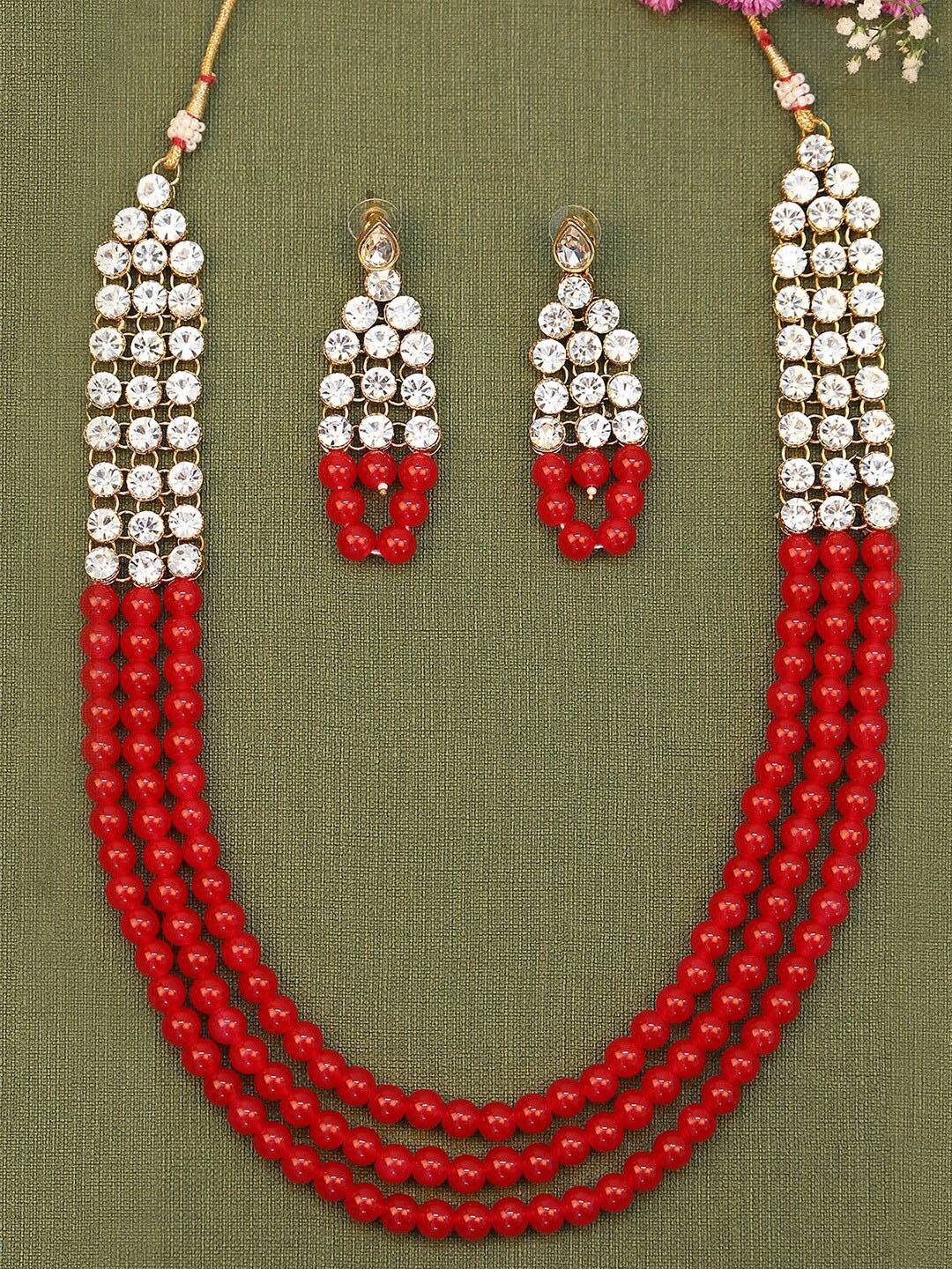 

Alamod Women Gold-Plated AD-Studded & Pearl Beaded Jewellery Set, Red