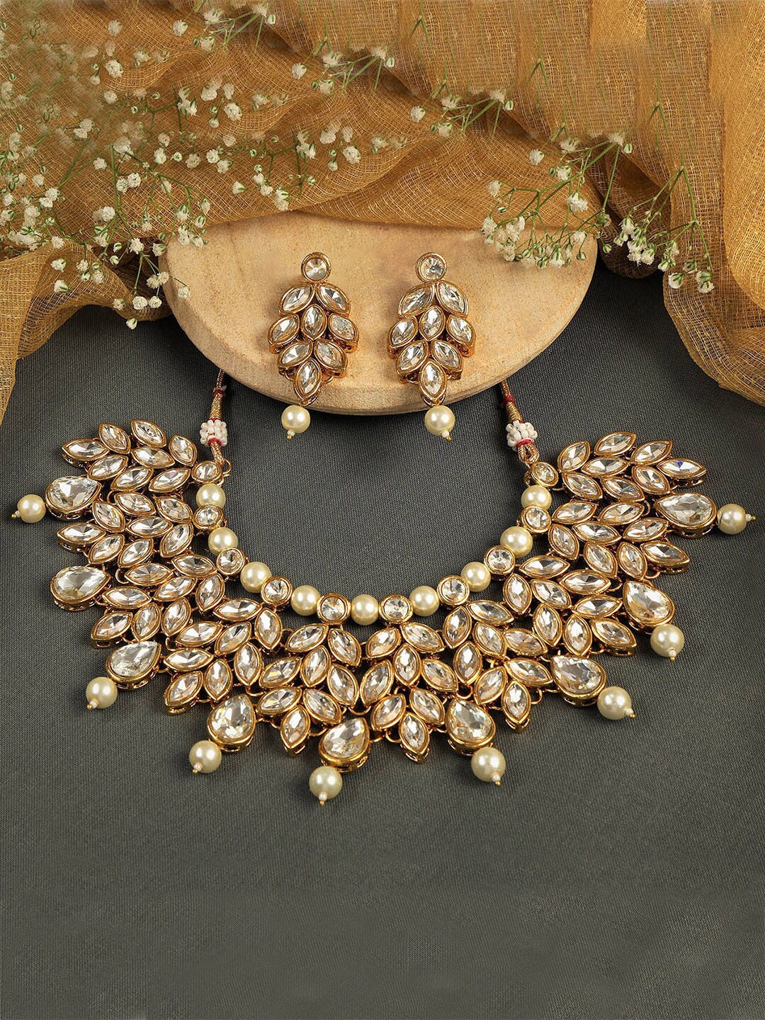 

Alamod Women Gold-Plated AD-Studded & Pearl Beaded Jewellery Set, White