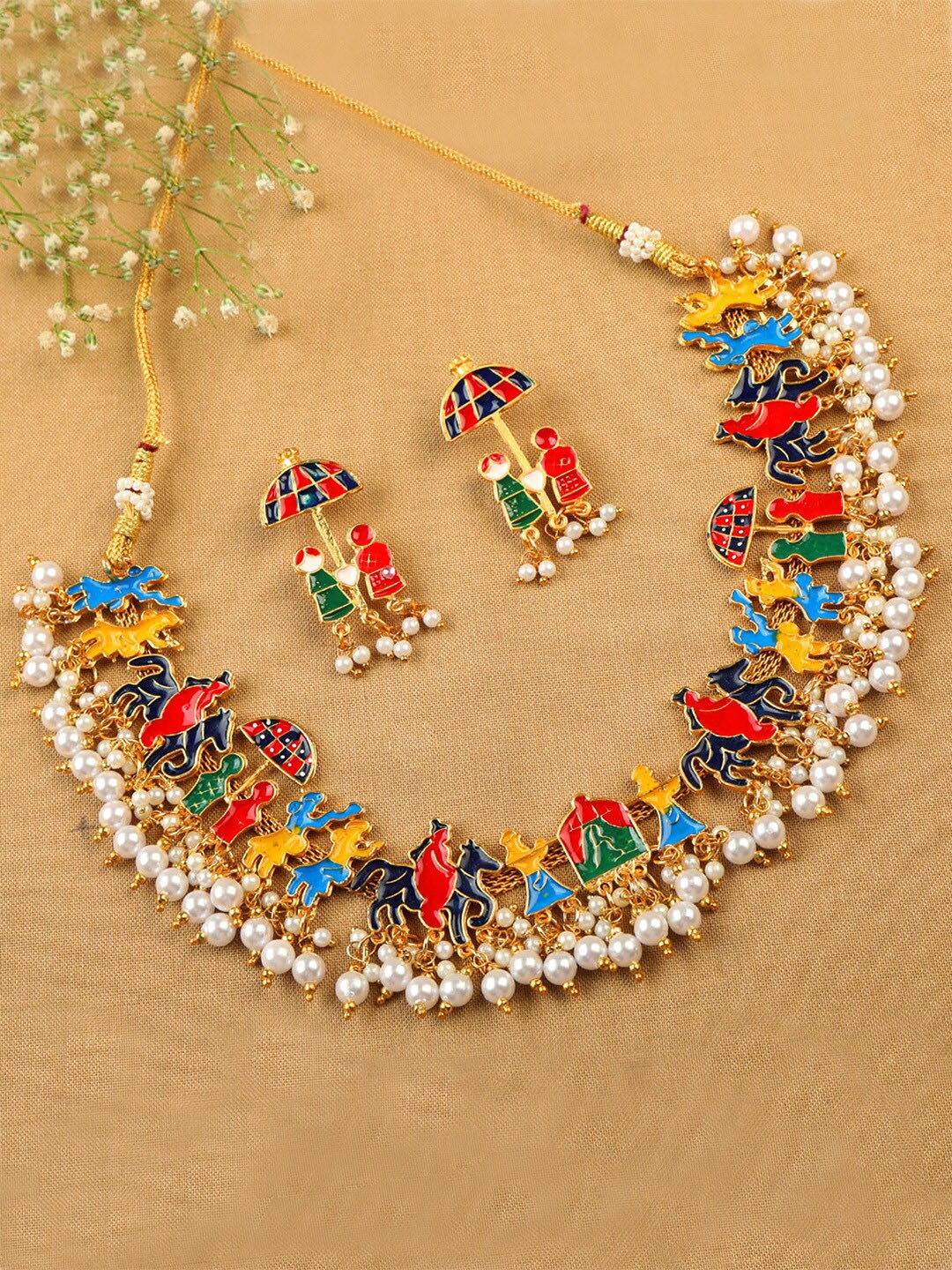 

Alamod Gold-Plated Stone-Studded & Pearl Beaded Jewellery Set