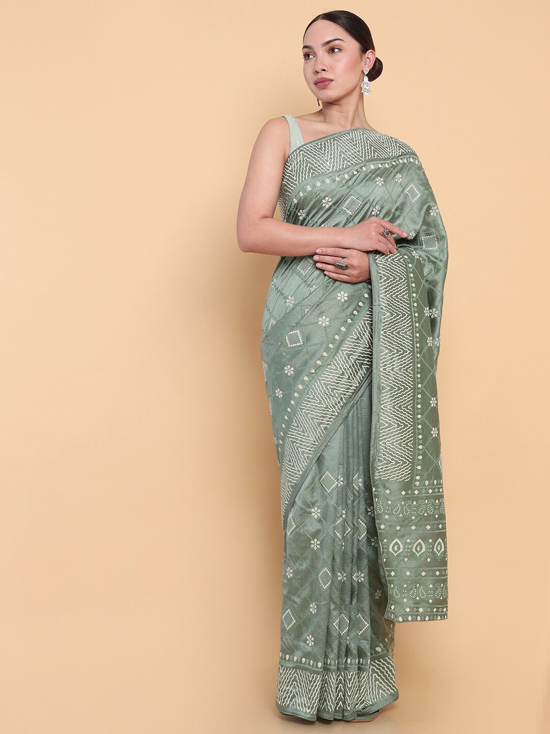 

Soch Beads and Stones Silk Blend Saree, Green