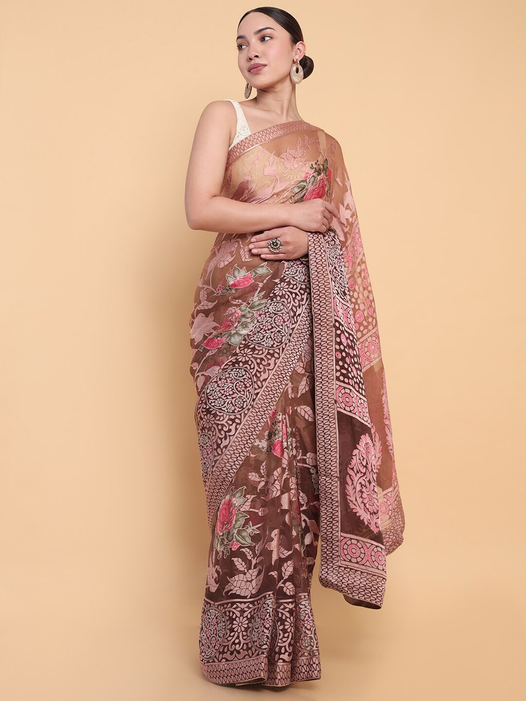 

Soch Floral Pure Georgette Fusion Saree, Brown