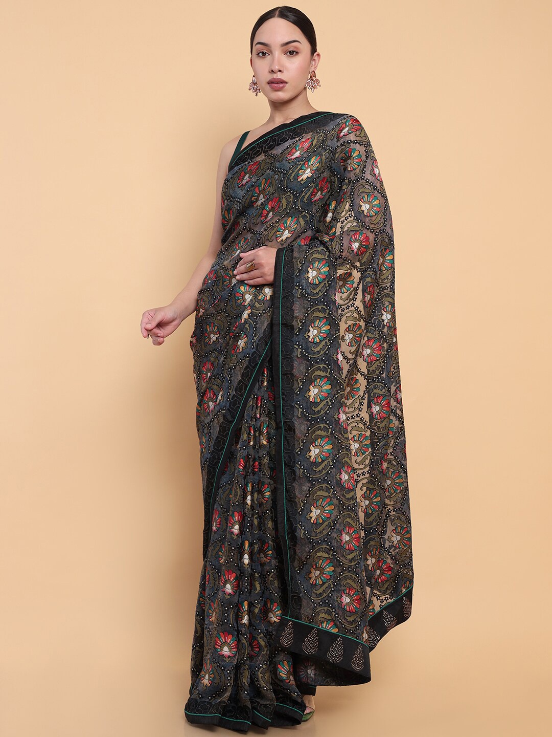 

Soch Floral Beads and Stones Pure Georgette Saree, Charcoal