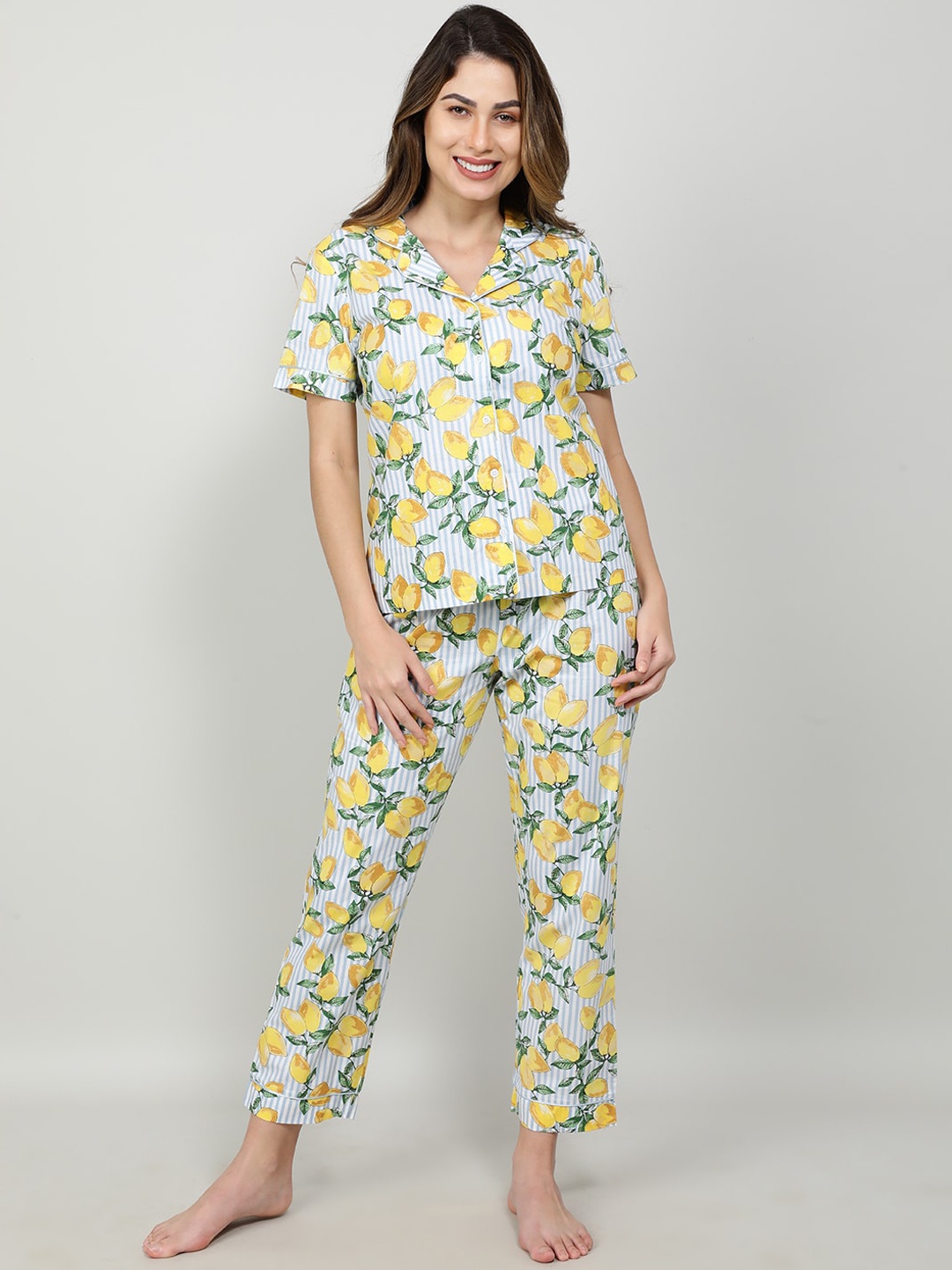 

mackly Women Printed Pure Cotton Night suit, Yellow