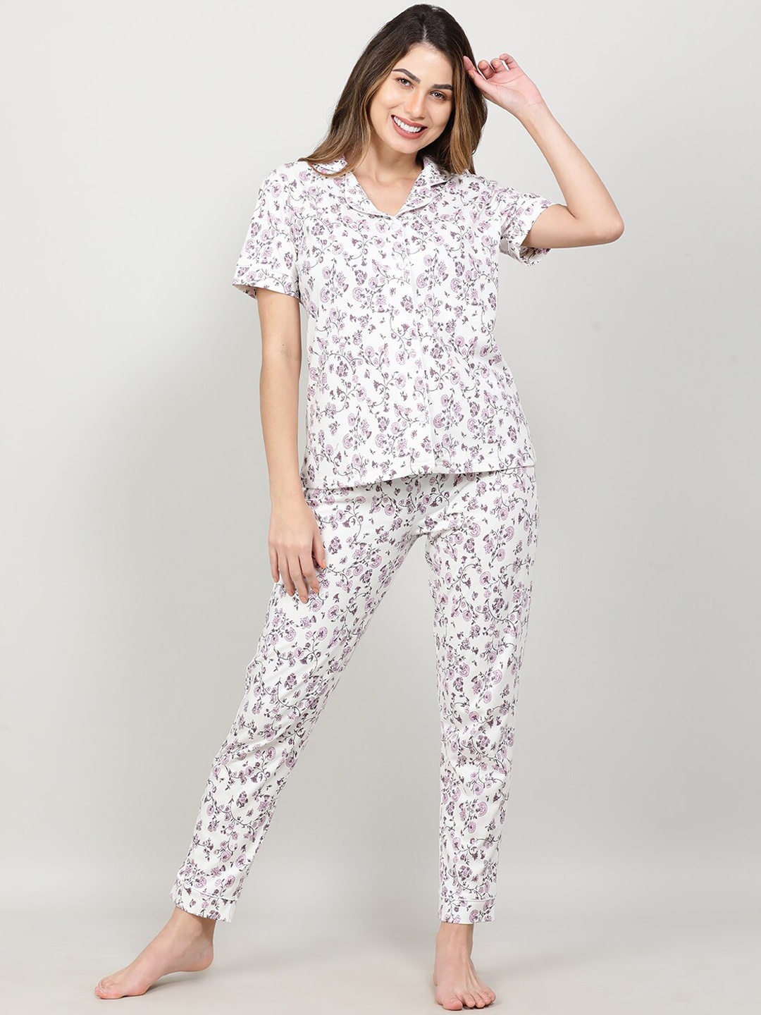 

mackly Women Printed Pure Cotton Night suit, Off white