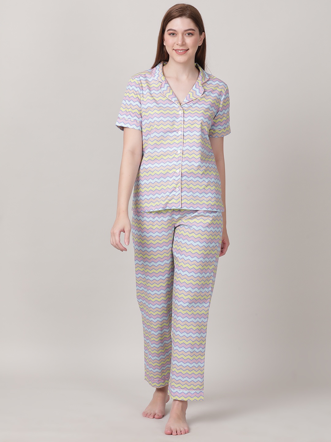 

mackly Women Striped Pure Cotton Night suit, Pink