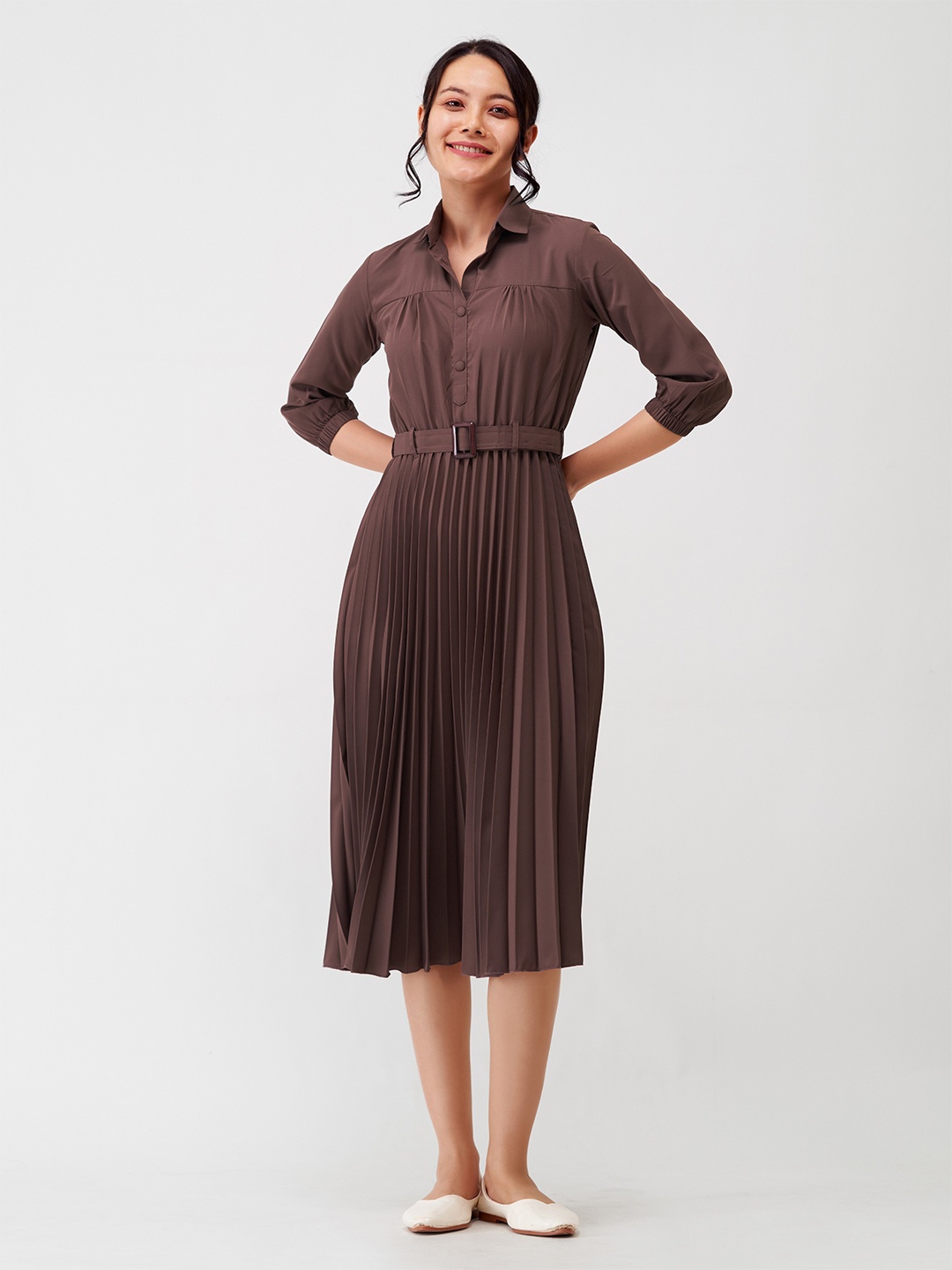 

AASK Coffee Striped Crepe Shirt Midi Dress, Coffee brown