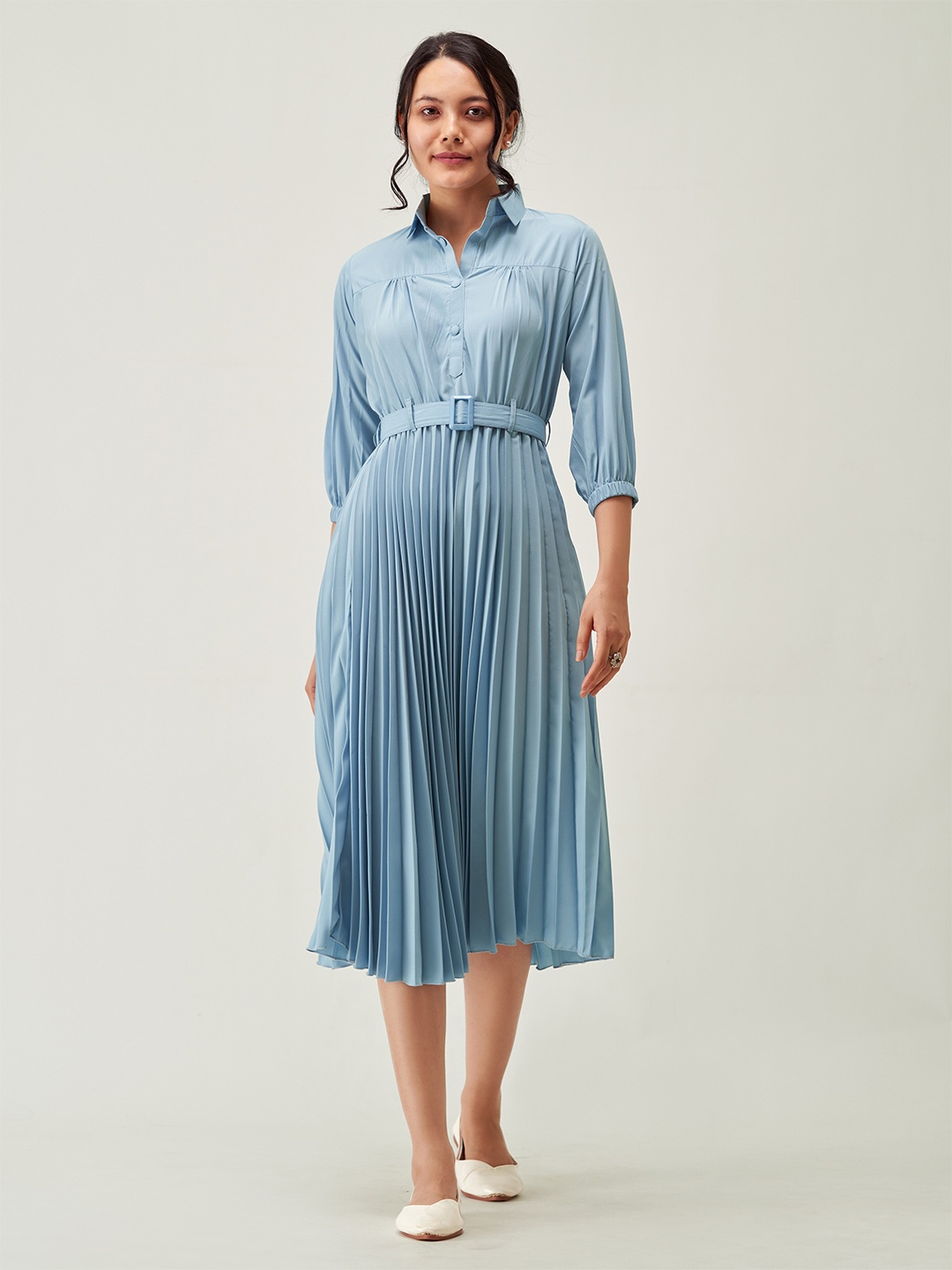 

AASK Crepe Shirt Midi Dress, Blue