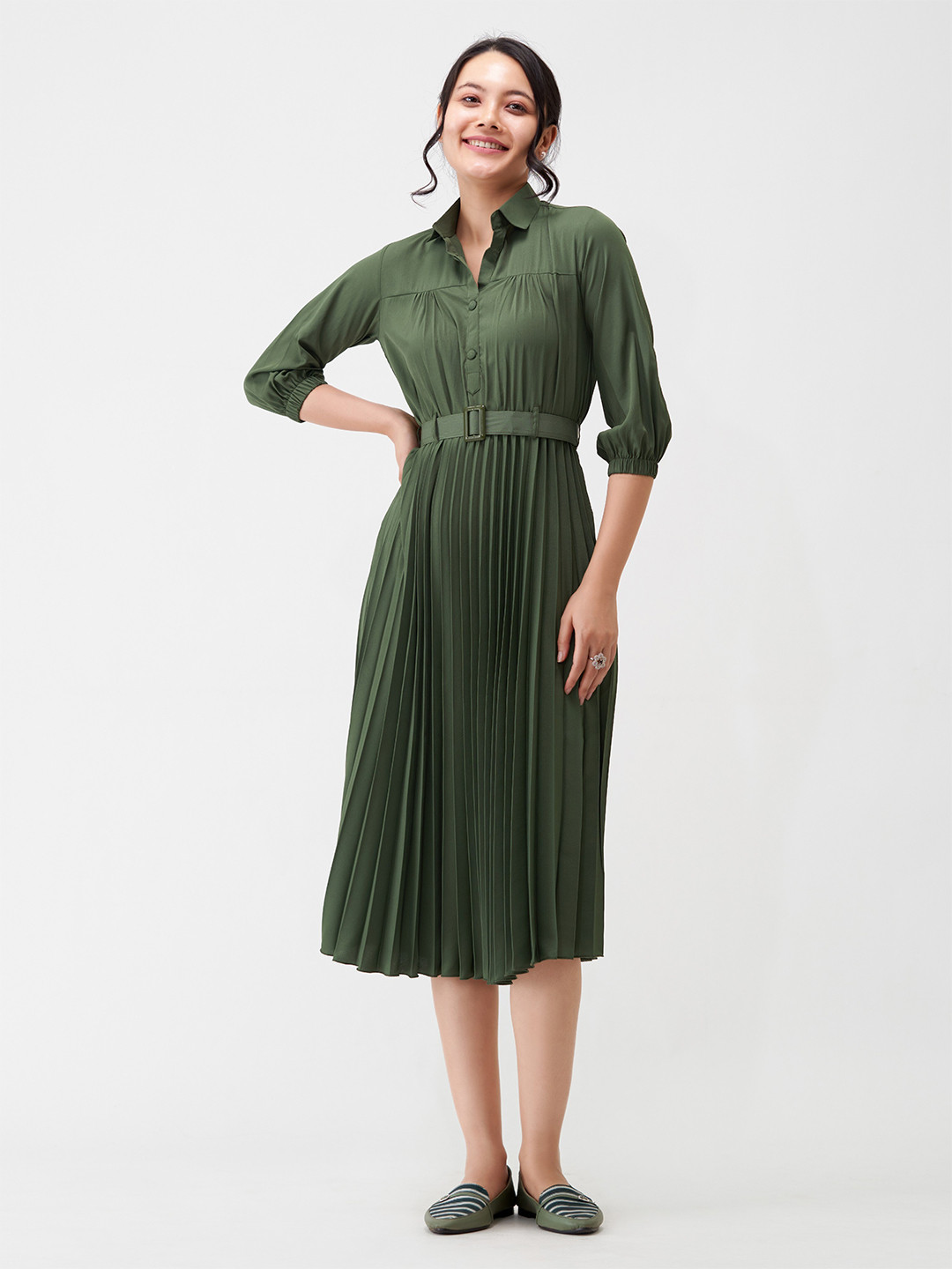 

AASK Puff Sleeves Belted Shirt Midi Dress, Green